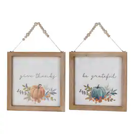 BreeBe - Wood Beaded Hanging Harvest Grateful Thankful Sentiment (Set of 2) - Brown, Orange, White