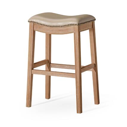 Front. Maven Lane - 31" Adrien Saddle Bar Stool In Weathered Oak Finish With Vegan Leather - Weathered Oak.