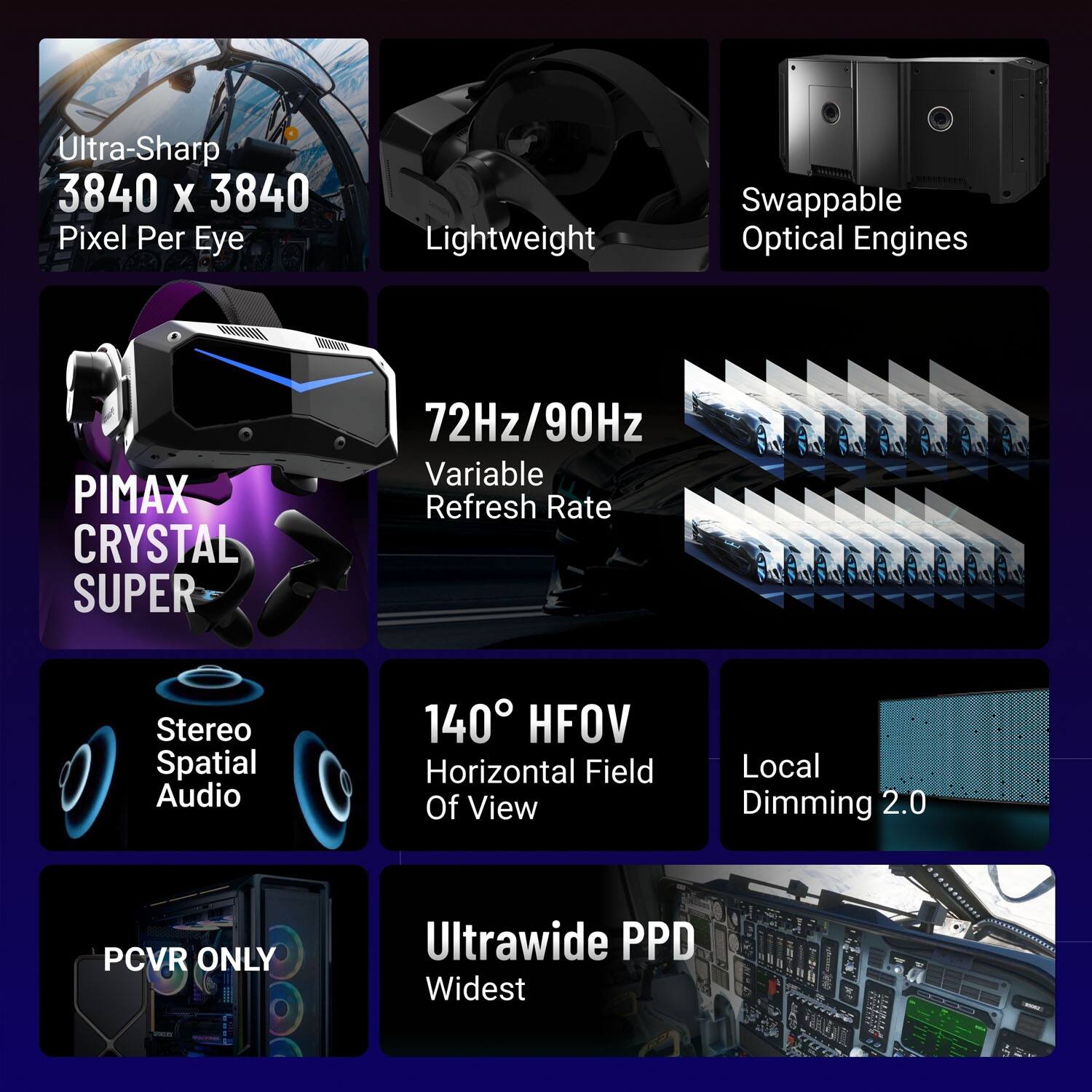 Ultra-Sharp 3840 x 3840 Pixel Per Eye  
Lightweight  
Swappable Optical Engines  
Pimax Crystal Super  
72Hz/90Hz Variable Refresh Rate  
Stereo Spatial Audio  
140° HFOV Horizontal Field Of View  
Local Dimming 2.0  
PCVR ONLY  
Ultrawide PPD Widest