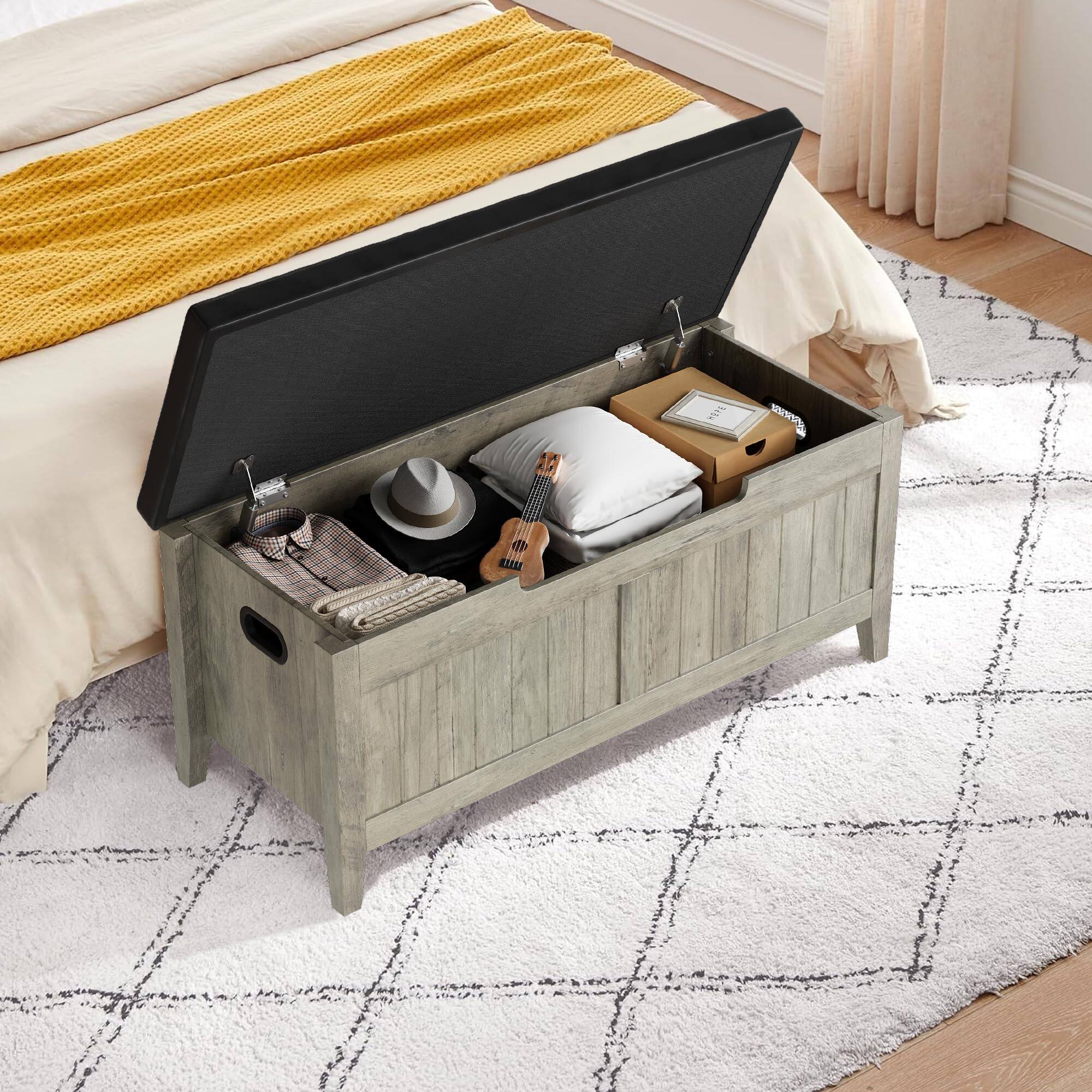 Alt View 4. Jojoka - Upholstered Storage Bench with Cushion Seat, Wooden Storage Chest Trunk with 2 Safety Hinges, Organizer - Gray.