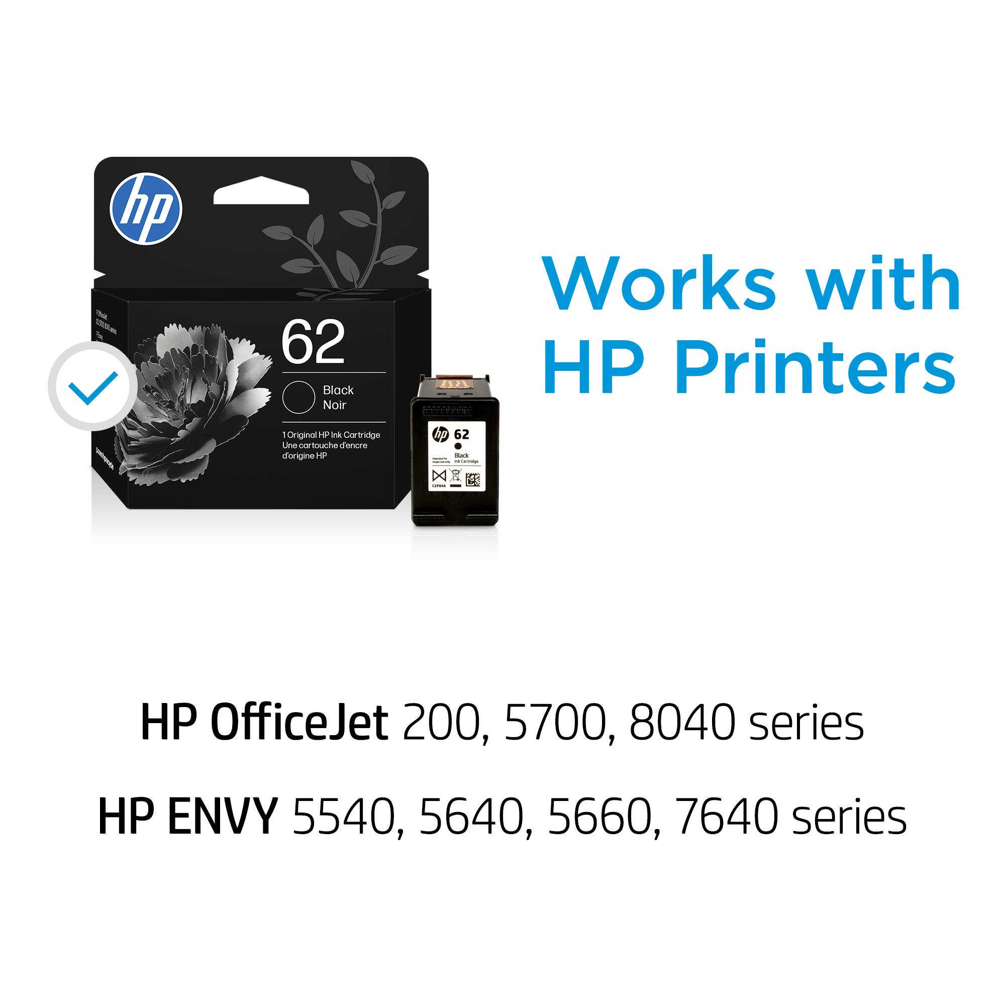 hp 62 Block Noir - Original HP Cartridge  
Works with HP Printers  
HP OfficeJet 200, 5700, 8040 series  
HP ENVY 5540, 5640, 5660, 7640 series
