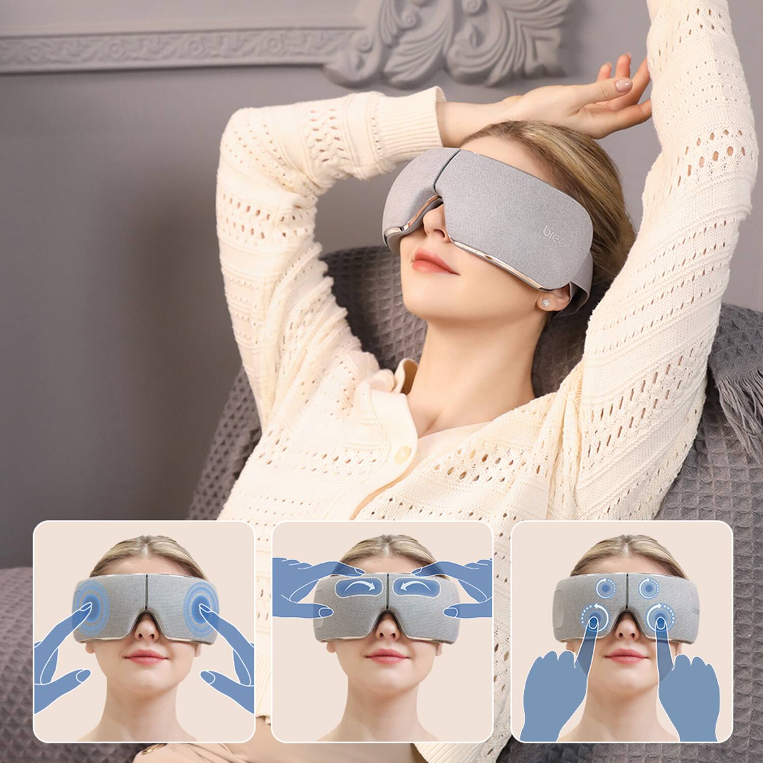 Back. BREO - Eye Massager with Heat & 7 Massage Modes, Smart Sleep Mask for Relaxation & Strain Relief - Grey.