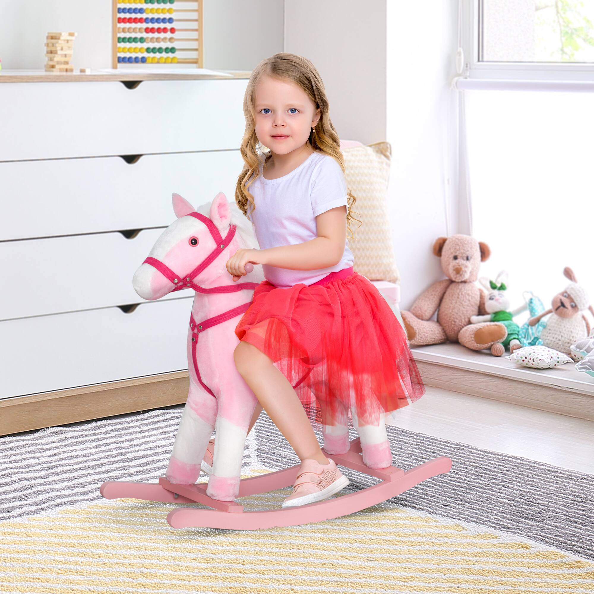 Angle. Siljoy - Pink Plush Rocking Horse Pony with Sounds, Toddler Ride-On Toy, 110lb Load, Ages 3+, Birthday Gift - Pink.