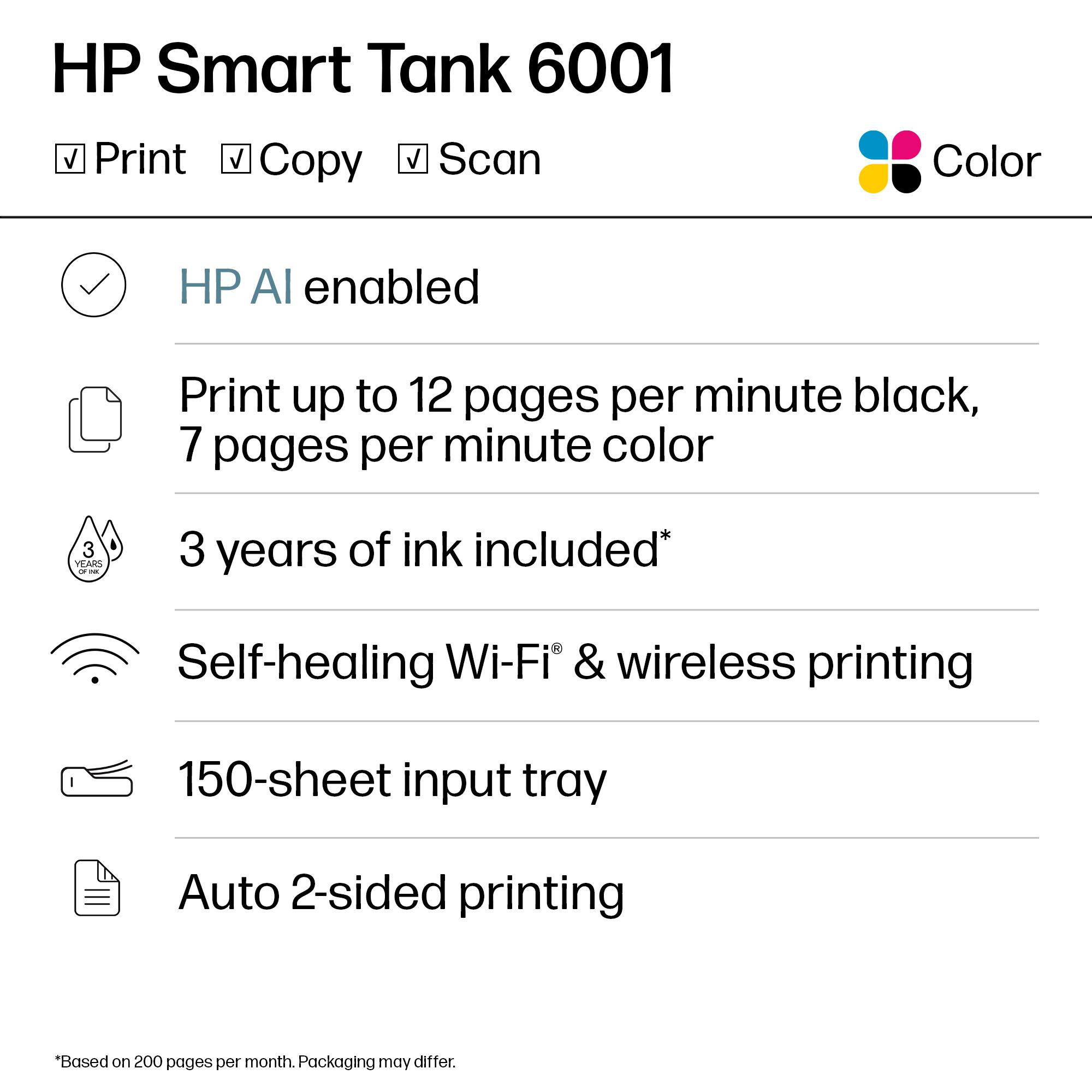 HP Smart Tank 6001  
Color

- Print
- Copy
- Scan

HP AI enabled

Print up to 12 pages per minute black, 7 pages per minute color

3 years of ink included*

Self-healing Wi-Fi & wireless printing

150-sheet input tray

Auto 2-sided printing

*Based on 200 pages per month. Packaging may differ.