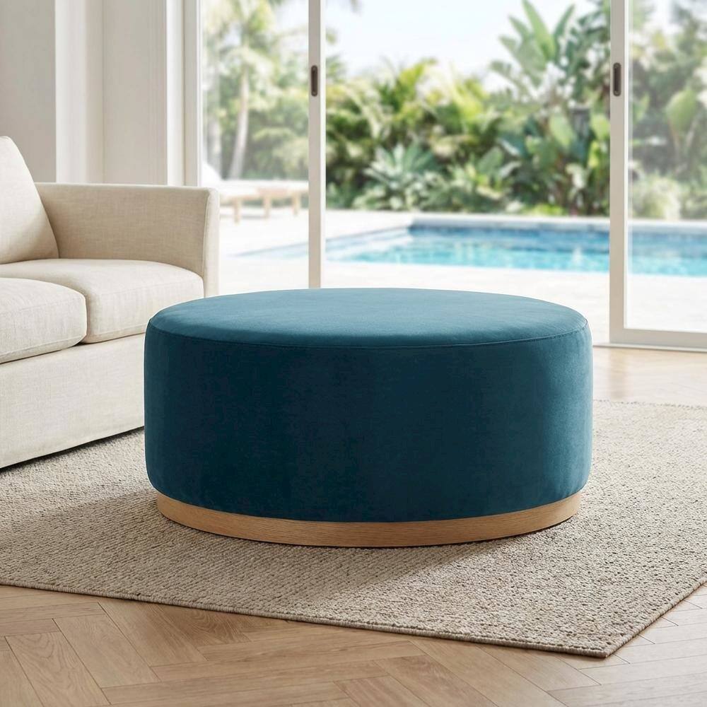 Left. Outdoor Escape - Round Velvet Outdoor Ottoman With Upholstered Top For Lounge Area - Blue.