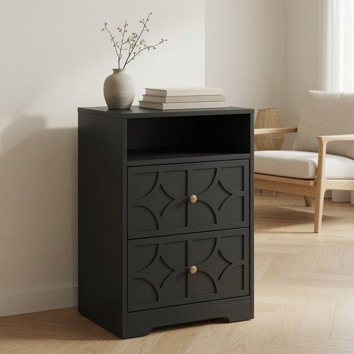 Left. Loheer - Loheer Set of 2 Black Nightstands with Charging Station, Two Drawers and Open Shelf, 18.9-Inch Wide - Black.