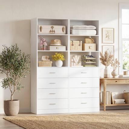 Front. Aheaplus - 42.6'' Closet Organizer System 2 Piece Set, Closet Storage Unit with 8 Drawers and 4 Shelves - White.