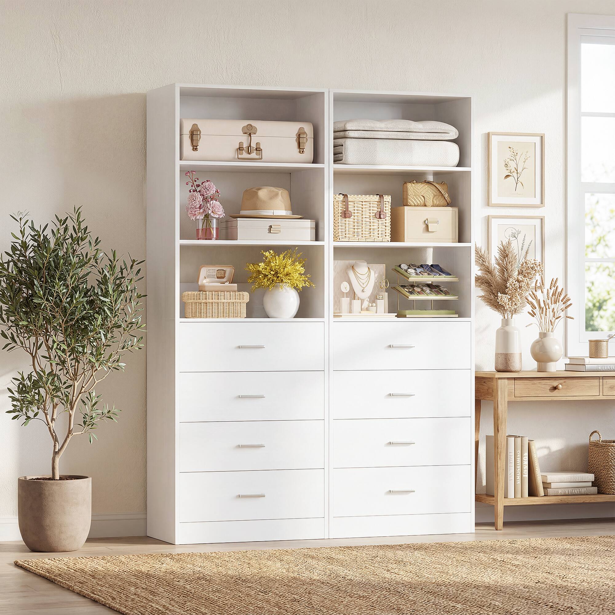 Front. Aheaplus - 42.6'' Closet Organizer System 2 Piece Set, Closet Storage Unit with 8 Drawers and 4 Shelves - White.