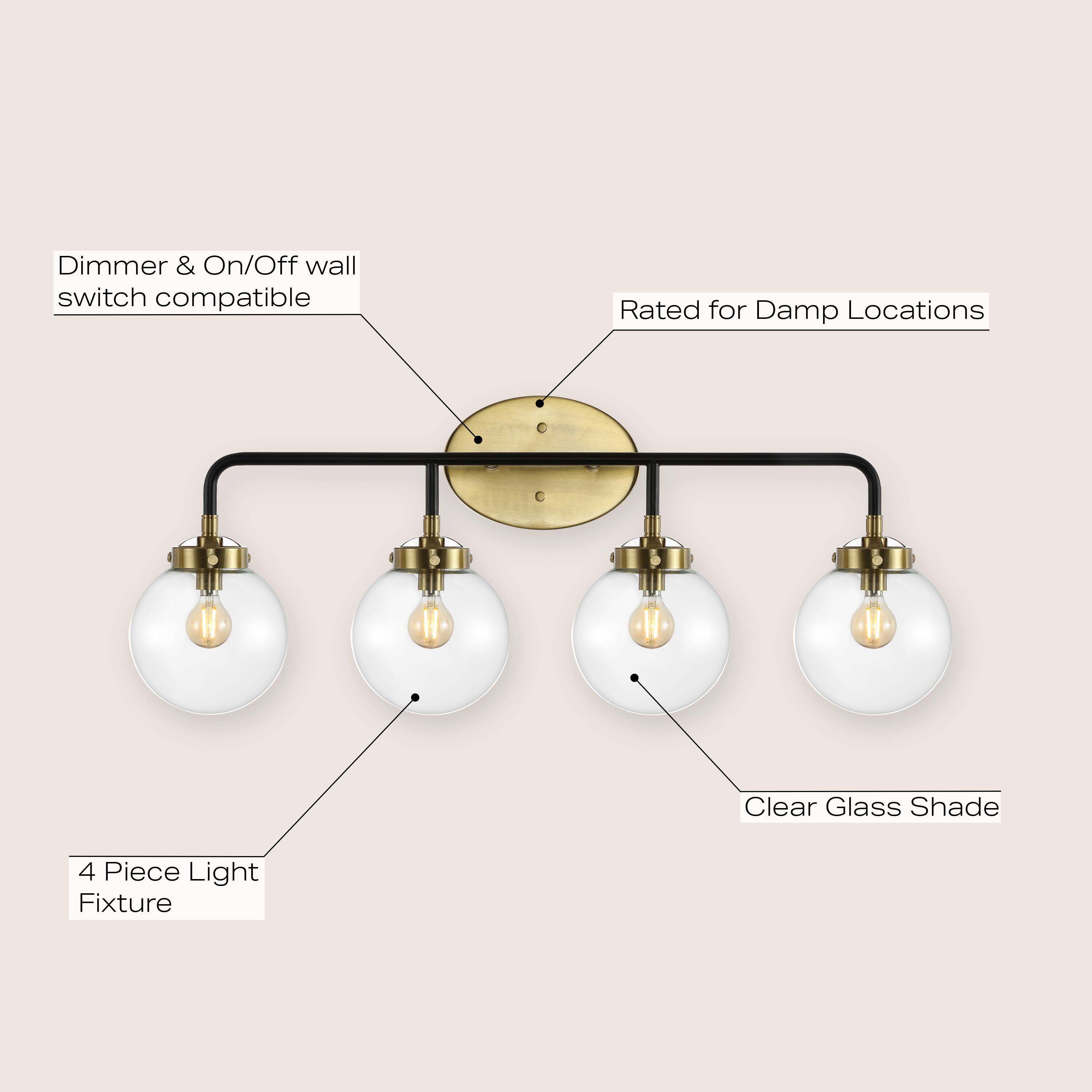 Dimmer & On/Off wall switch compatible  
Rated for Damp Locations  
Clear Glass Shade  
4 Piece Light Fixture