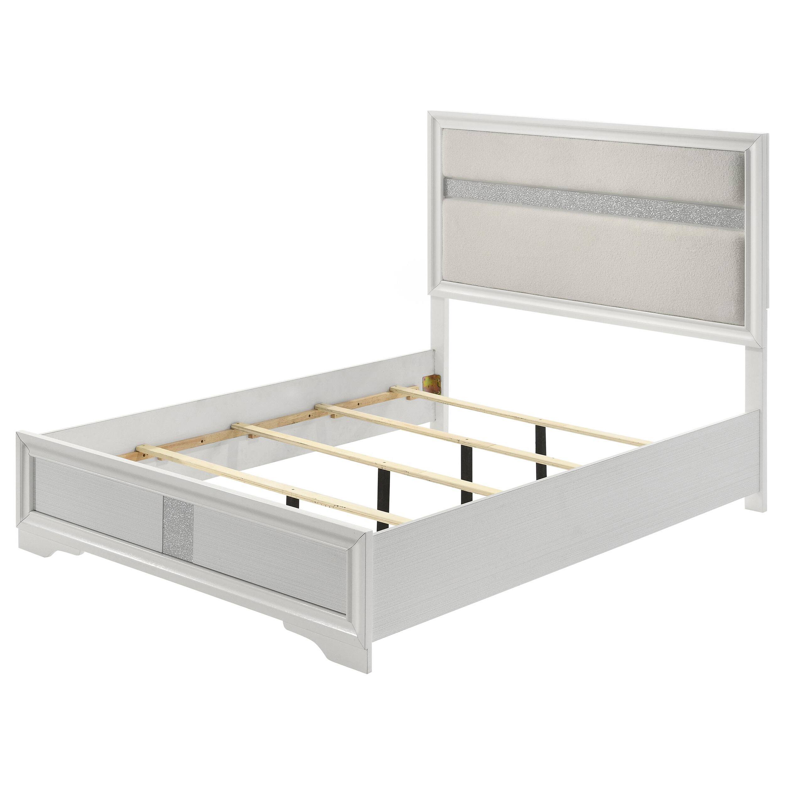 Alt View 3. Manhattan Lane - Vino Queen Size Bed, Panel Headboard White Upholstery, Glitter Stripe - White.