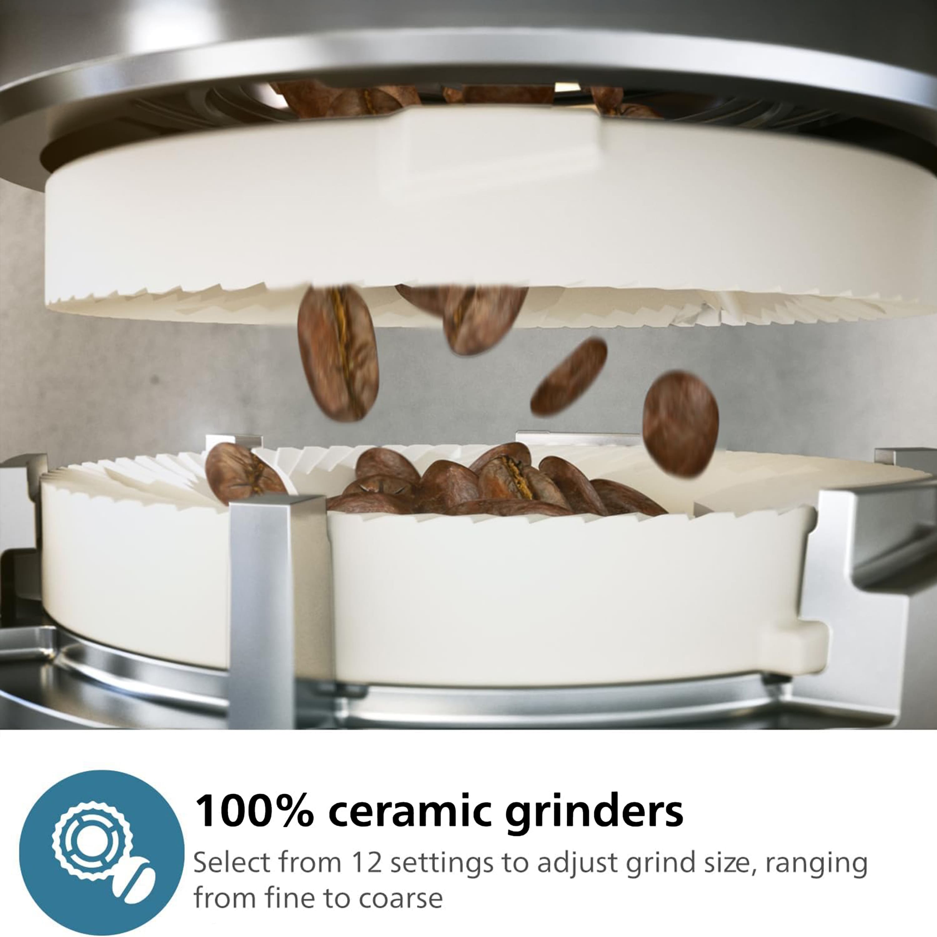 100% ceramic grinders Select from 12 settings to adjust grind size, ranging from fine to coarse.