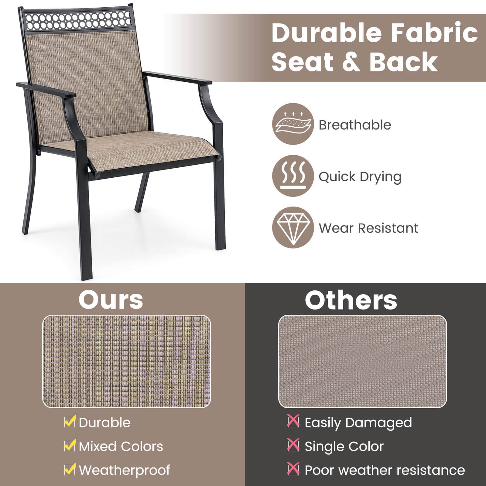Durable Fabric Seat & Back

- Breathable
- Quick Drying
- Wear Resistant

Ours
- Durable
- Mixed Colors
- Weatherproof

Others
- Easily Damaged
- Single Color
- Poor weather resistance