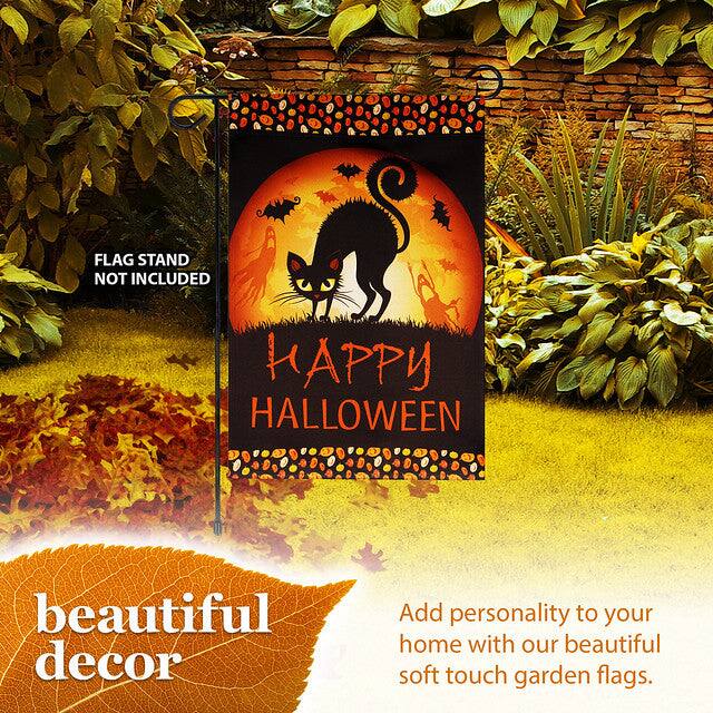 FLAG STAND NOT INCLUDED  
HAPPY HALLOWEEN  

beautiful decor  

Add personality to your home with our beautiful soft touch garden flags.