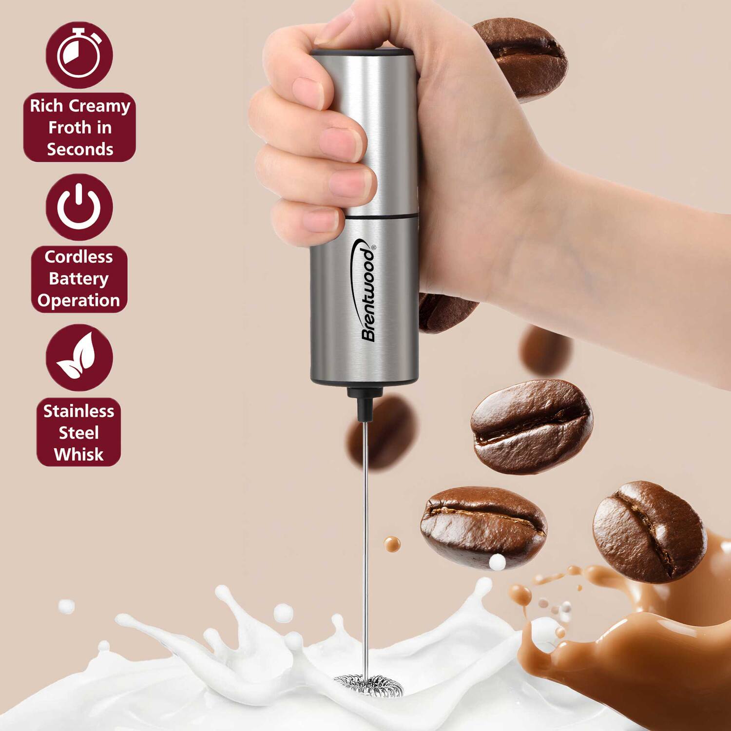 Rich Creamy Froth in Seconds  
Cordless Battery Operation  
Stainless Steel Whisk