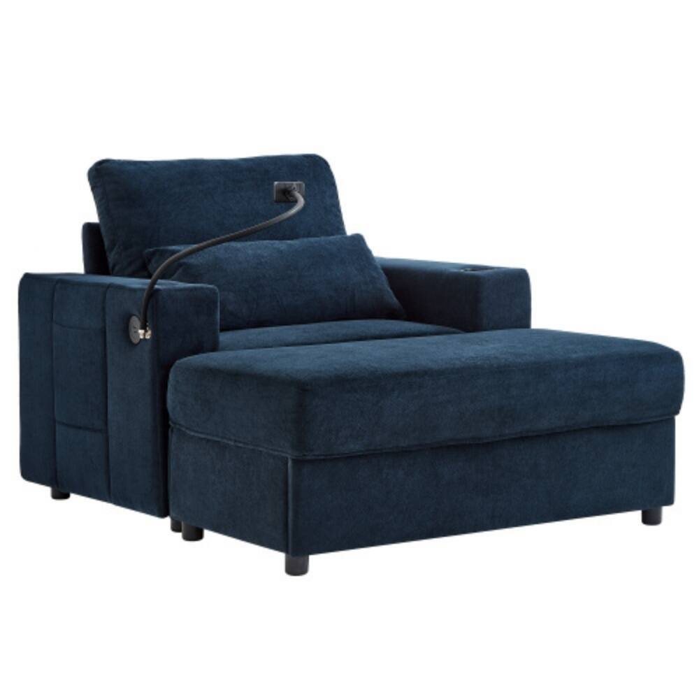 Alt View 8. LUCKY ONE - 42.5" Modern Chaise Lounge Armchair Sofa w/ Storage Ottoman USB Cup Holders Phone Holder - Blue.