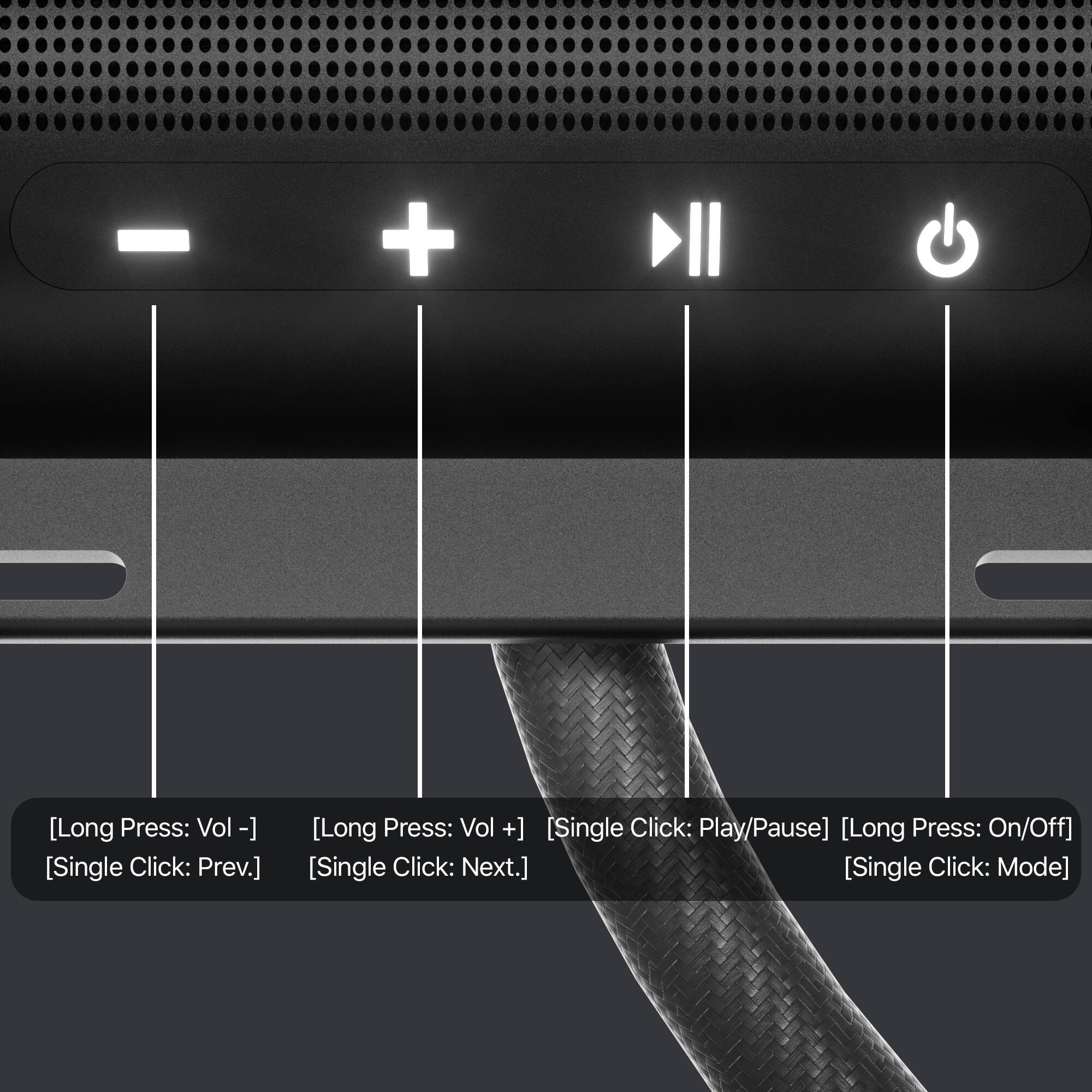 - [Long Press: Vol -] [Single Click: Prev.]
- [Long Press: Vol +] [Single Click: Next.]
- [Single Click: Play/Pause] [Long Press: On/Off]
- [Single Click: Mode]