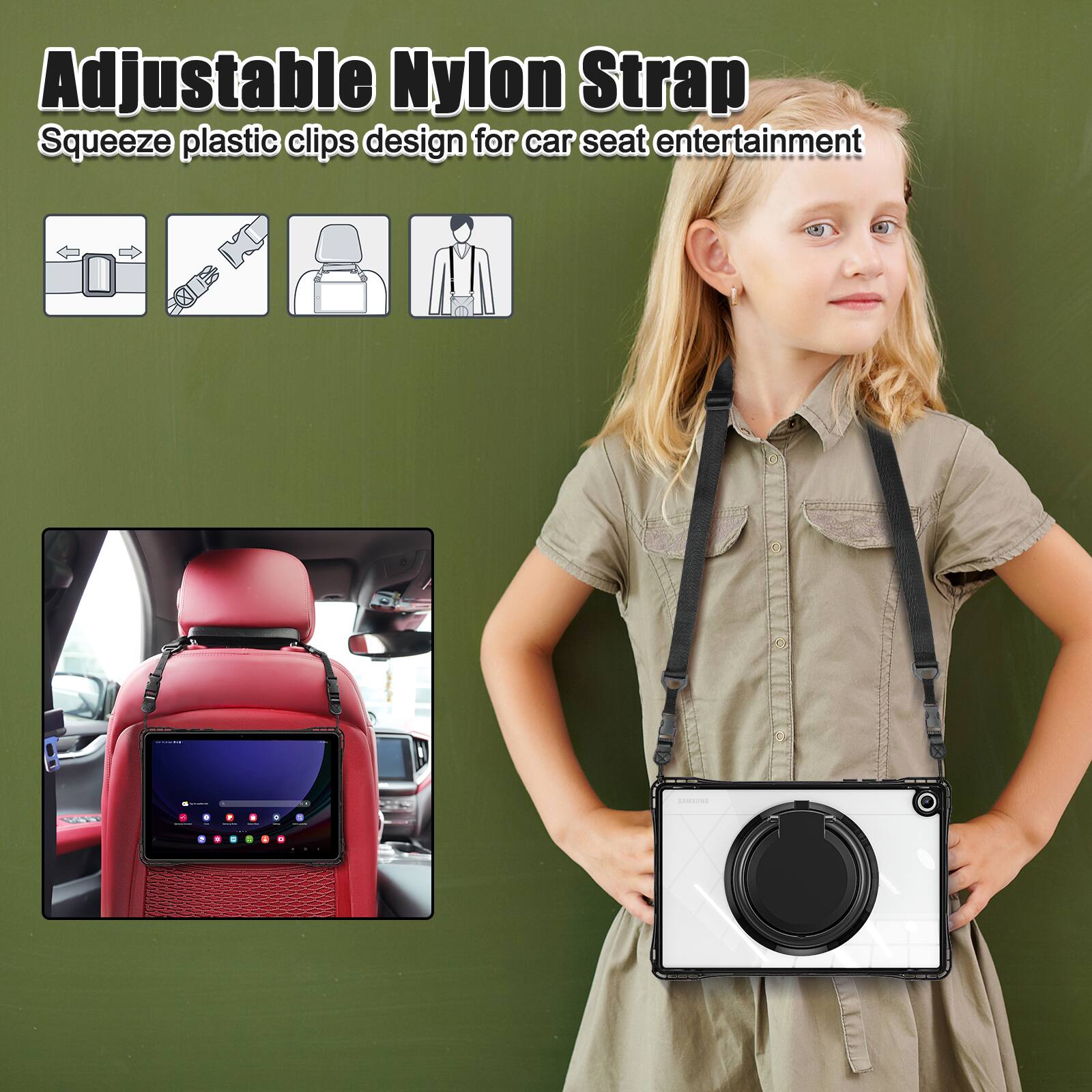 Adjustable Nylon Strap  
Squeeze plastic clips design for car seat entertainment