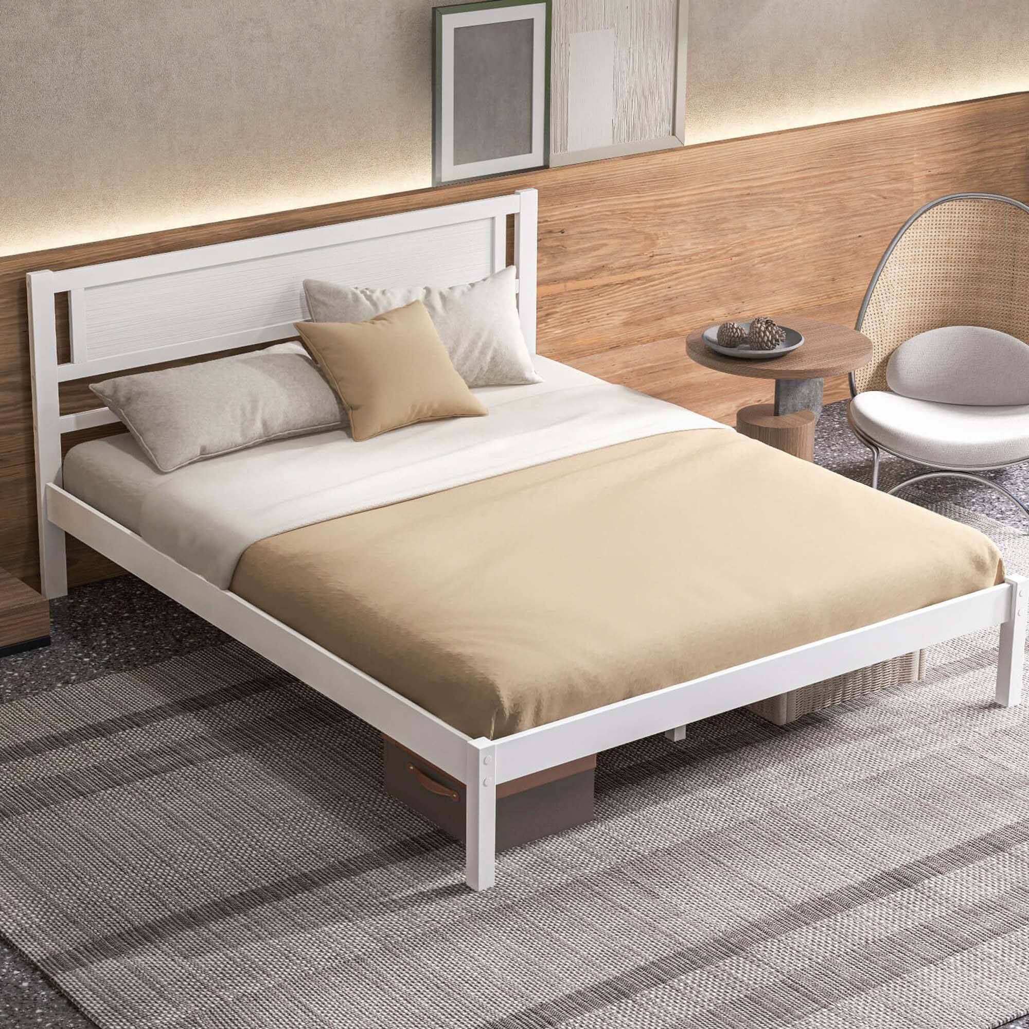 Alt View 2. Costway - Queen Wooden Platform Bed with 12 Slats Headboard & Under Bed Storage - White.