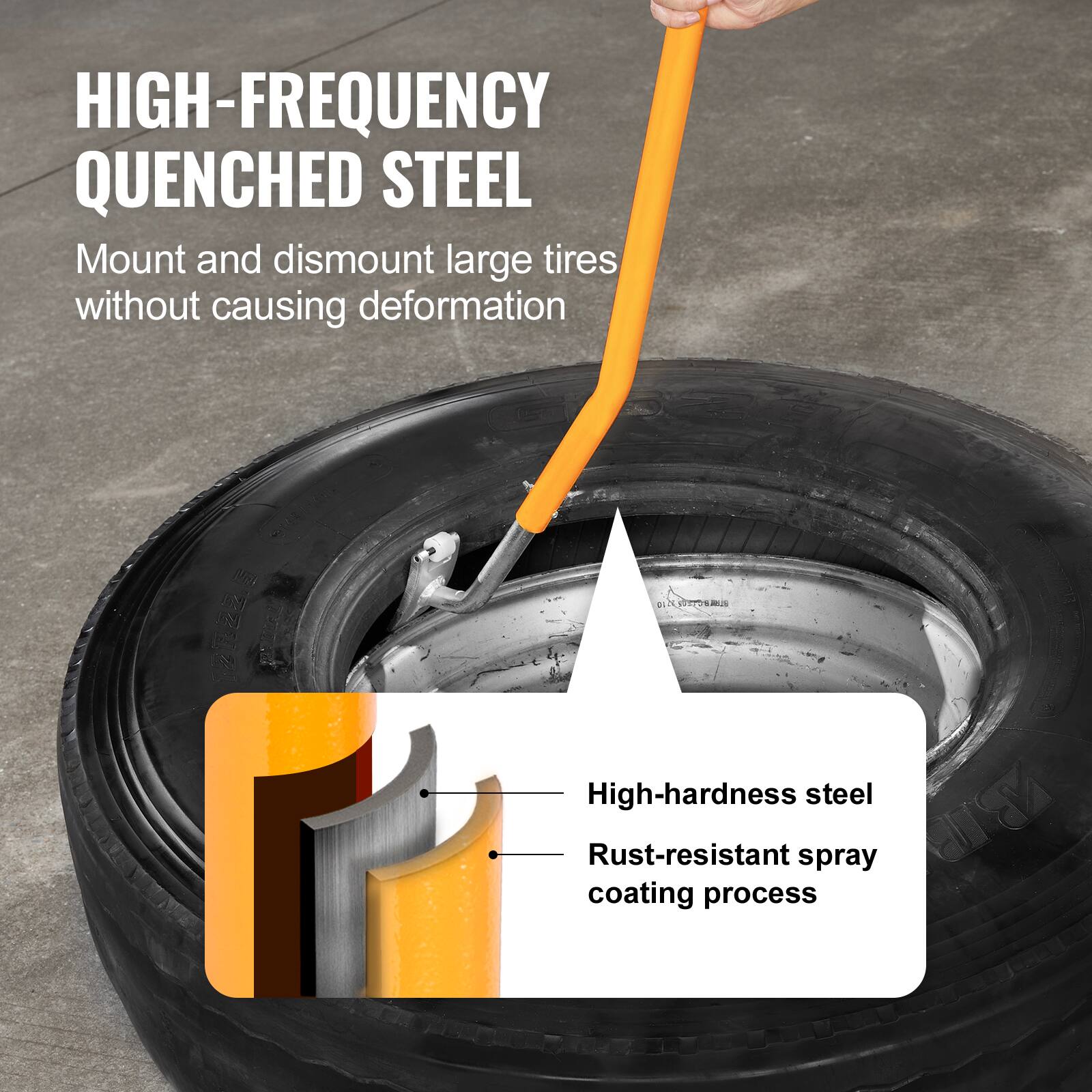 HIGH-FREQUENCY QUENCHED STEEL  
Mount and dismount large tires without causing deformation  

- High-hardness steel  
- Rust-resistant spray coating process