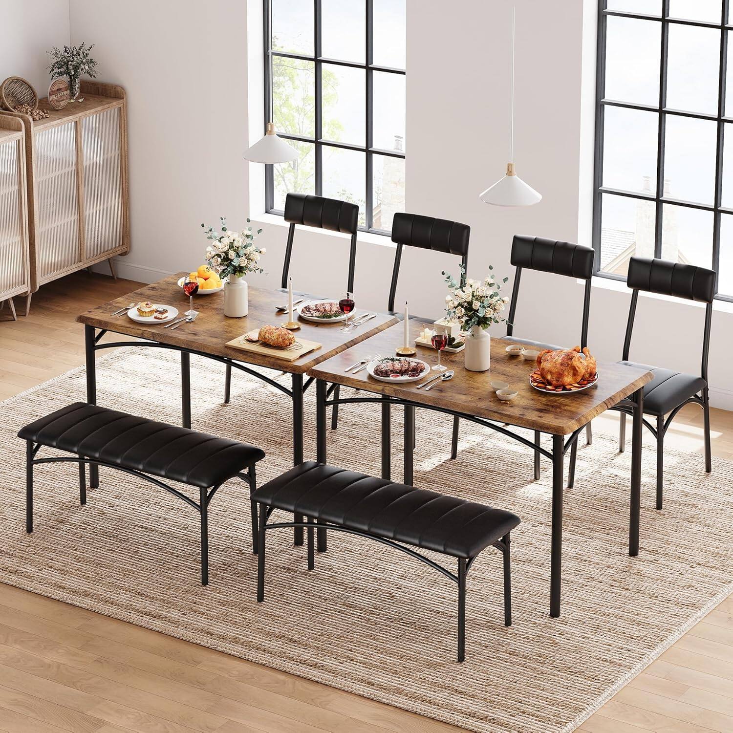 Left. Qeetex - 4-Piece Wood Dining Table Set: Rectangular Table, 4 Chairs & Upholstered Bench for Small Spaces - Brown.