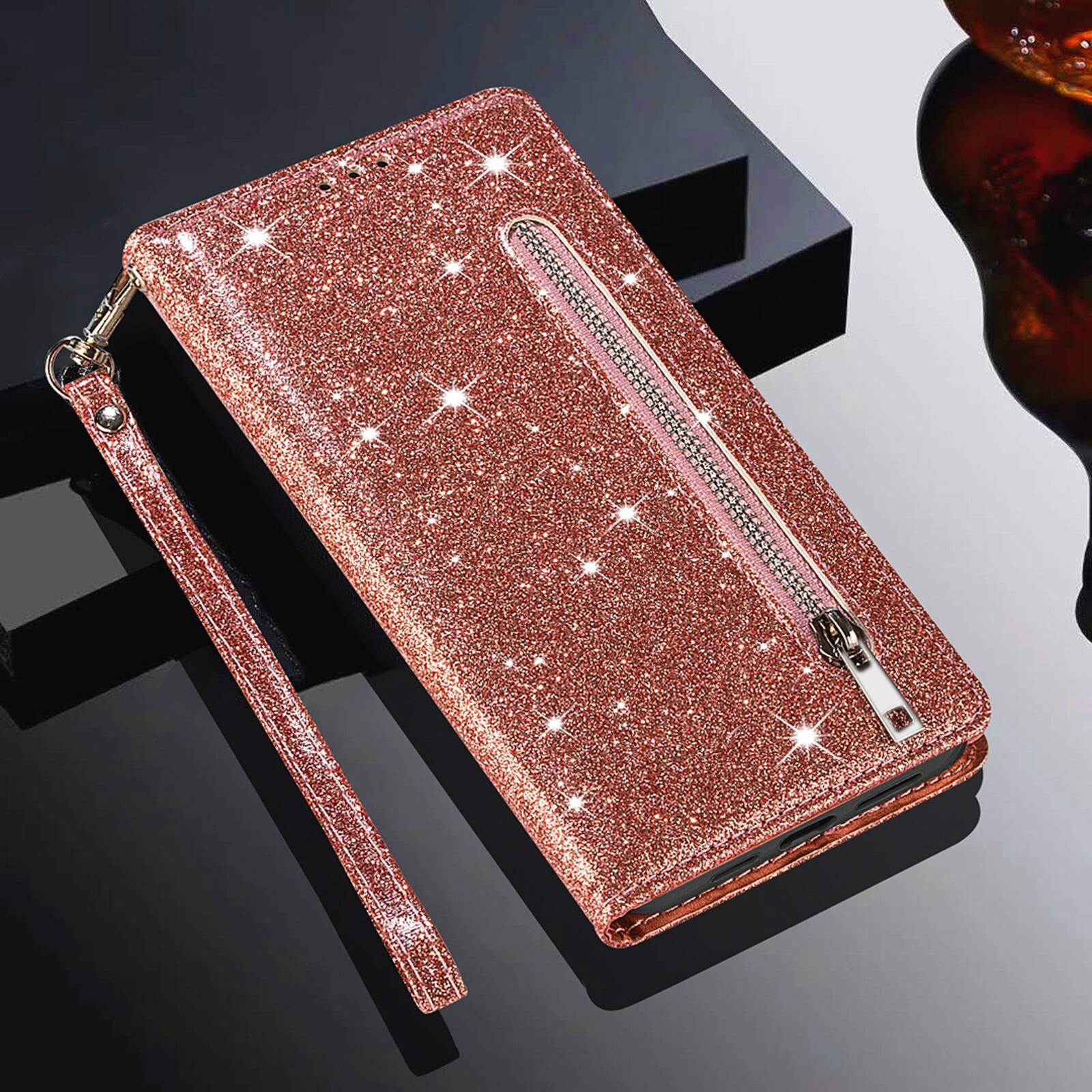 Alt View 6. Dteck - Dteck Zipper Wallet Card Bling Glitter Sparkly Case for Apple iPhone 17 Pro, Shockproof PU Leather Holder Strap Cover - Rosegold.