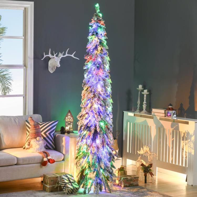 Alt View 1. PULUZ - 7 feet Artificial Slim Christmas Trees, with Snow Frosted Branches, Warm White or Colorful LED Lights, Downswept Shape - Green.