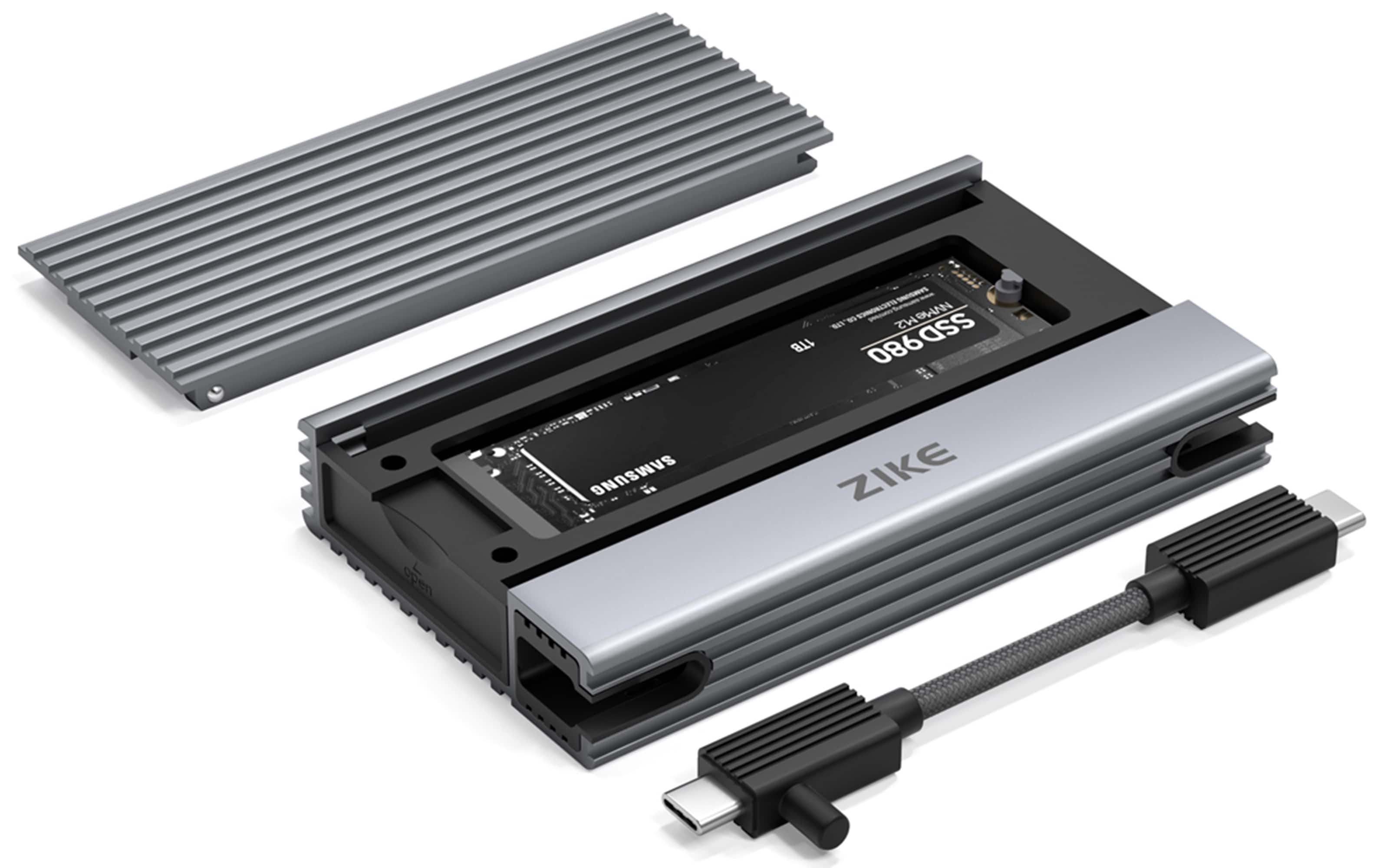 The image shows a Samsung SSD 1TB device, which is a type of storage device. The device is open, revealing its internal components, including a ZIKE connector. The SSD is designed for use in various electronic devices, such as computers and smartphones.