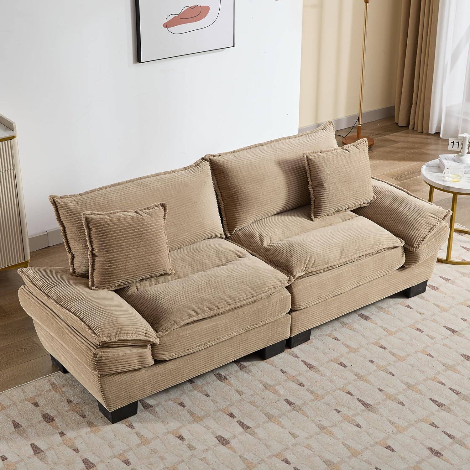Alt View 2. Trinkets Crazed - 84" Cloud Corduroy Loveseat Sofa, Modern Comfy Upholstered 2 Seater Sofa Deep Seat Sofa with 2 Throw Pillows - khaki.