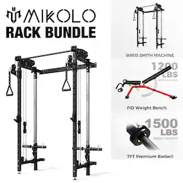 Mikolo - Foldable Power Rack Cage,1000lbs Capacity Wall Mounted Squat Rack with independent pulley system - Black