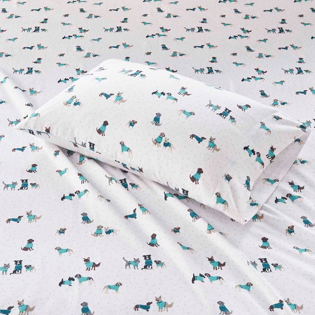 Alt View 1. Gracie Mills - Gracie Mills Toasty Cotton Flannel Printed Sheet Set - Teal Dogs.