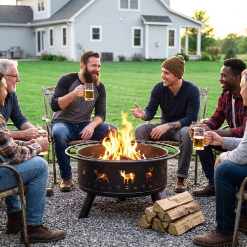 Alt View 10. Winado - 30in Metal Fire Pit Stove, Portable Round Wood Burning with Cover, Handle Ring for Outdoor Camping Garden Party Picnic - Black-Elk Pattern.
