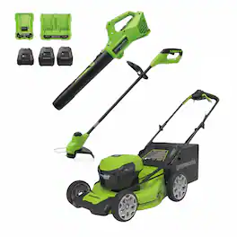 Greenworks - 48V (24V x 2) 21" Self-propelled Lawn Mower, 12" String Trimmer and Blower, 3 Batteries and 2 Chargers Included - Green
