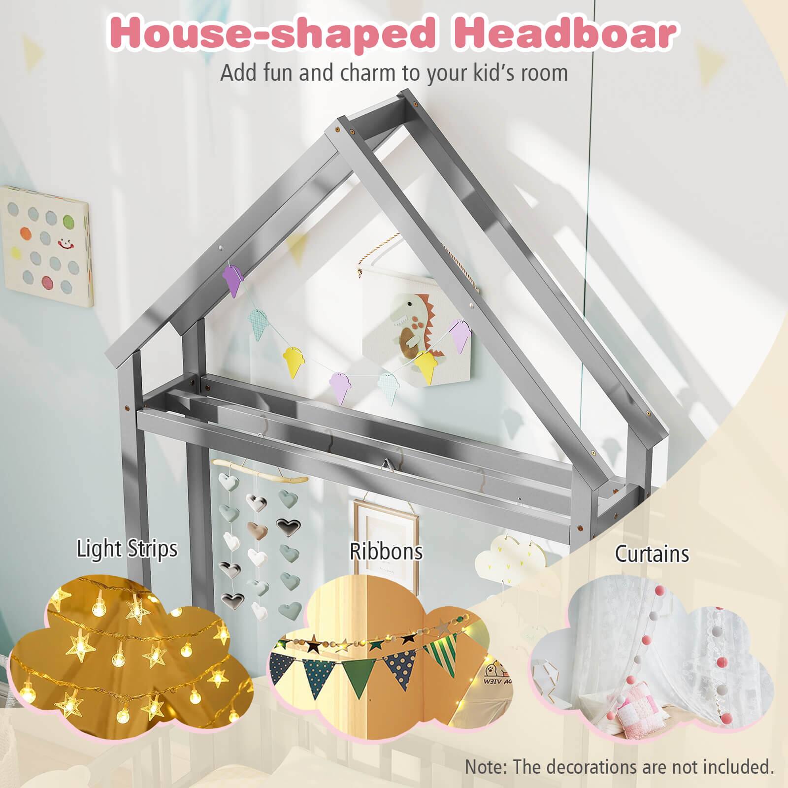House-shaped Headboard Add fun and charm to your kid's room Light Strips Ribbons Curtains