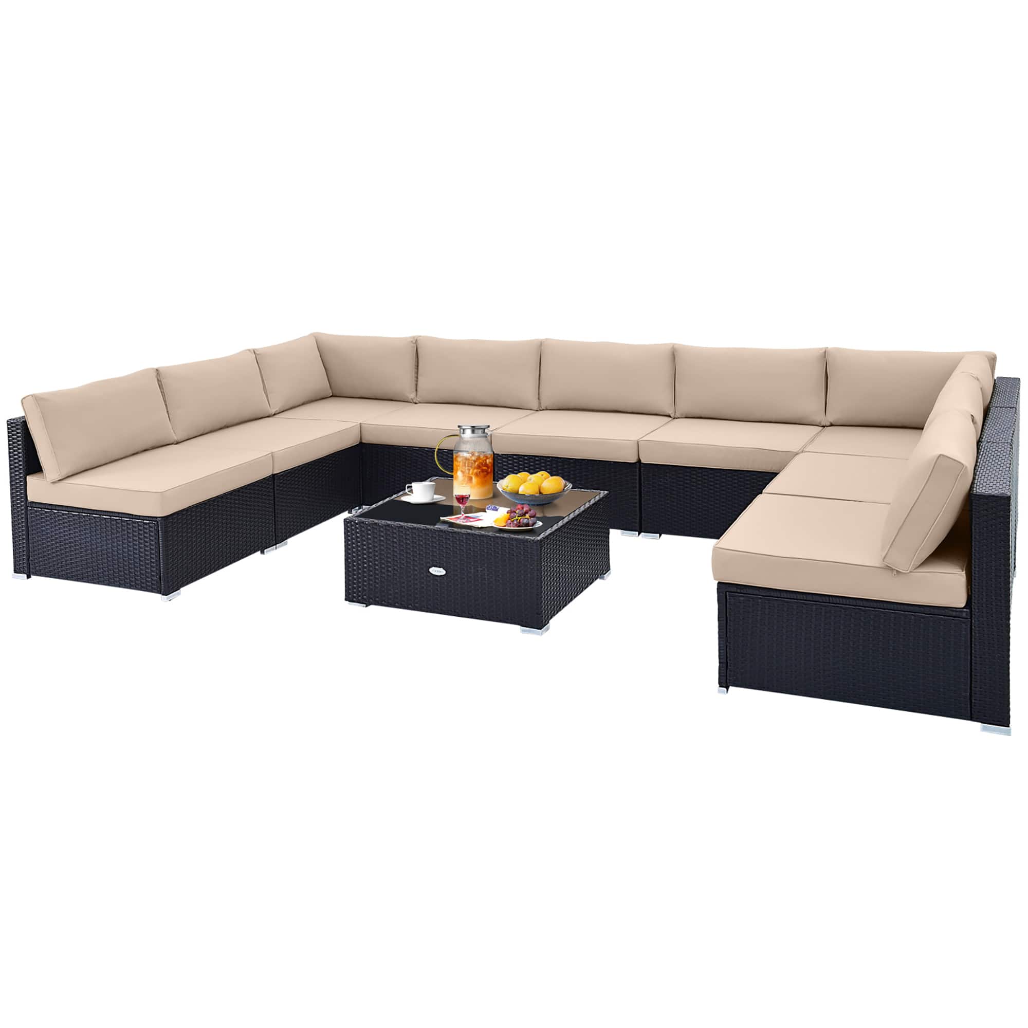 Gymax - 10PCS Rattan Furniture Set Outdoor Wicker Sofa Table Cushioned Seat Patio - Beige