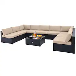 Gymax - 10PCS Rattan Furniture Set Outdoor Wicker Sofa Table Cushioned Seat Patio - Beige