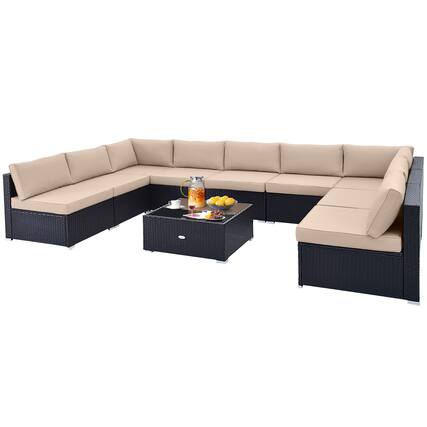 Front. Gymax - Gymax 10PCS Rattan Furniture Set Outdoor Wicker Sofa Table Cushioned Seat Patio Beige - Beige.