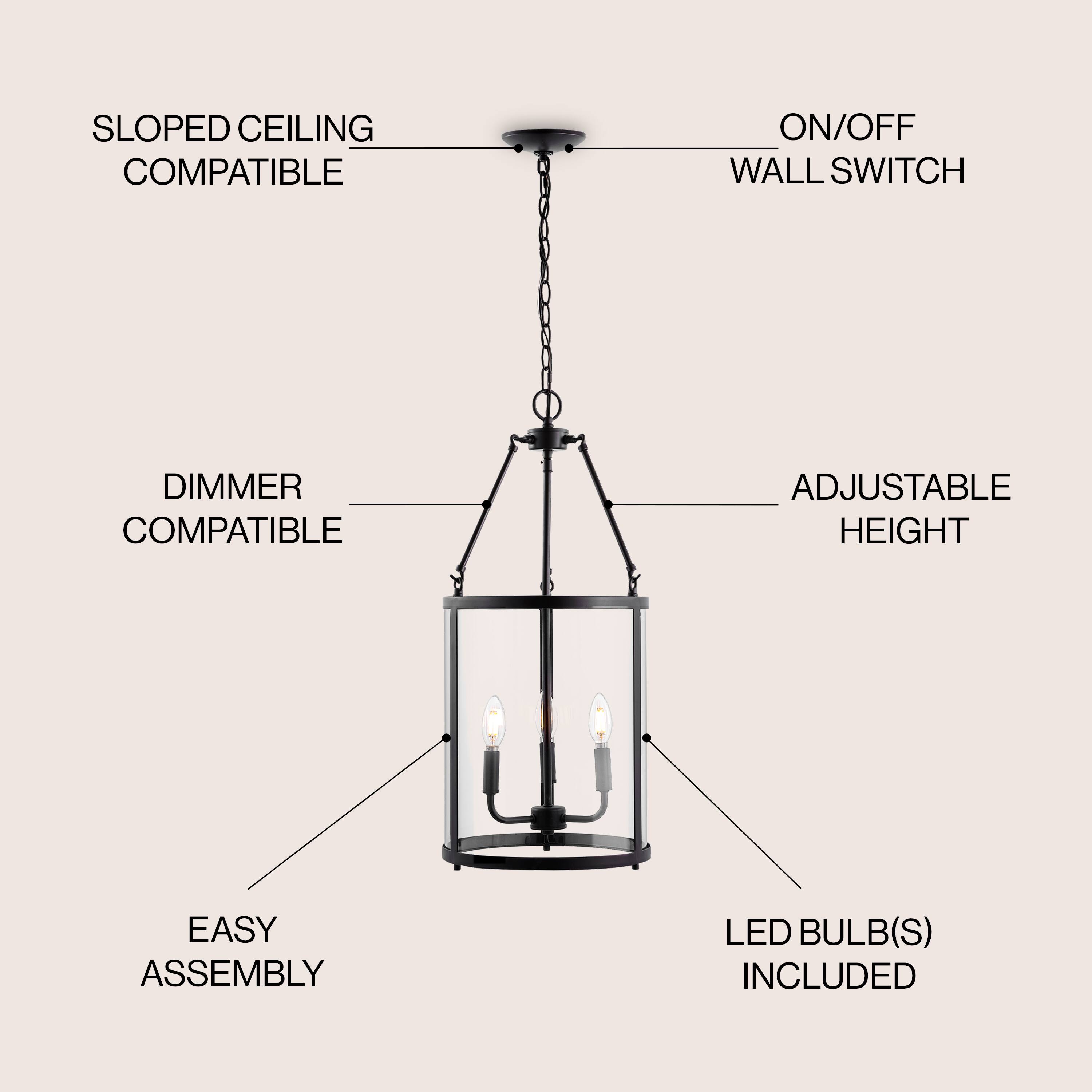 SLOPED CEILING COMPATIBLE  
ON/OFF WALL SWITCH  
DIMMER COMPATIBLE  
ADJUSTABLE HEIGHT  
EASY ASSEMBLY  
LED BULB(S) INCLUDED