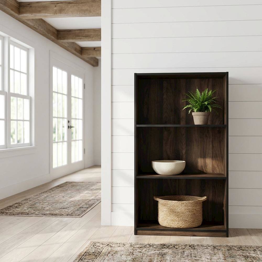 Angle. FurniFact - Wood 3-Tier Bookcase with Storage Shelves in Walnut and Black Finish - Columbia Walnut/Black.