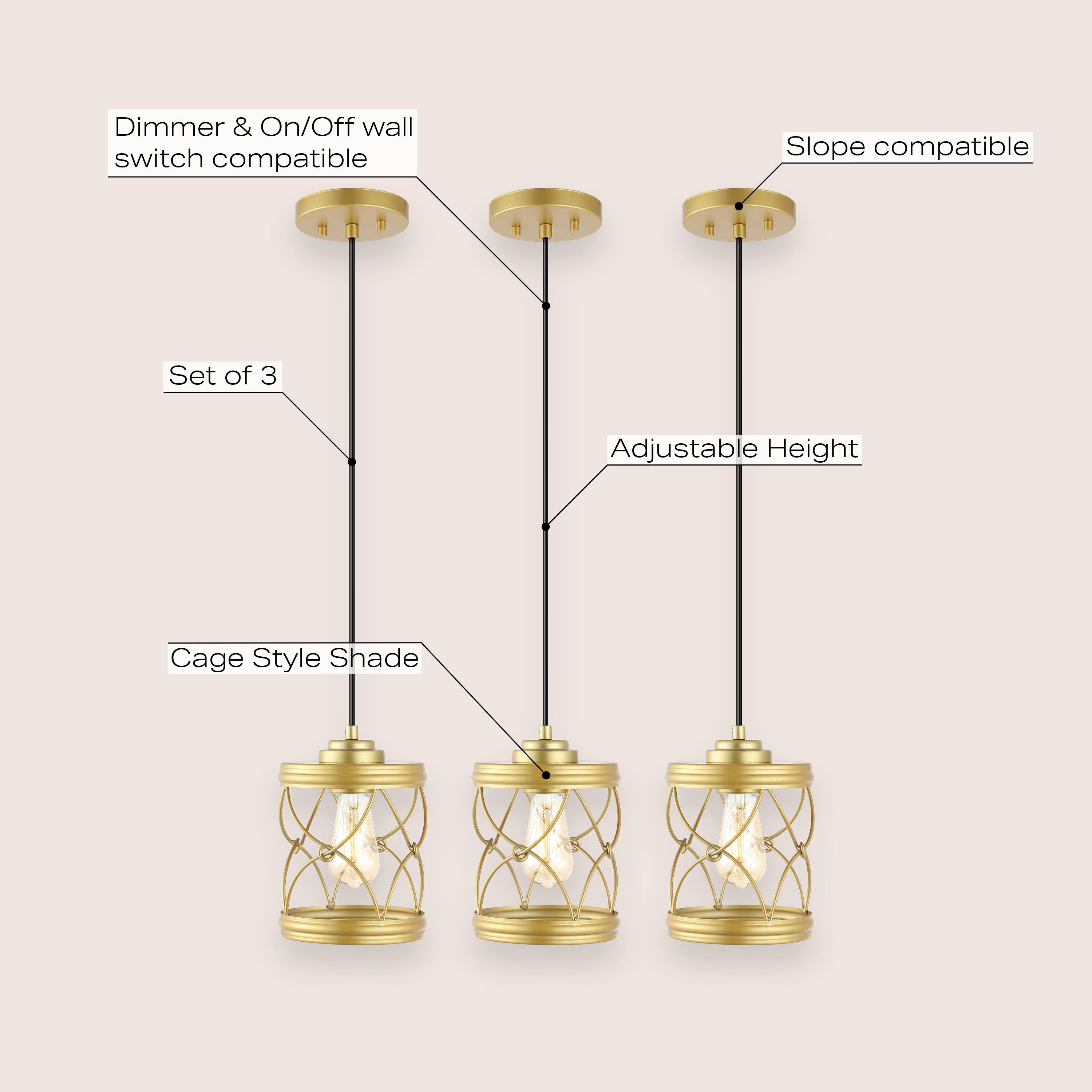 Dimmer & On/Off wall switch compatible  
Slope compatible  
Set of 3  
Adjustable Height  
Cage Style Shade
