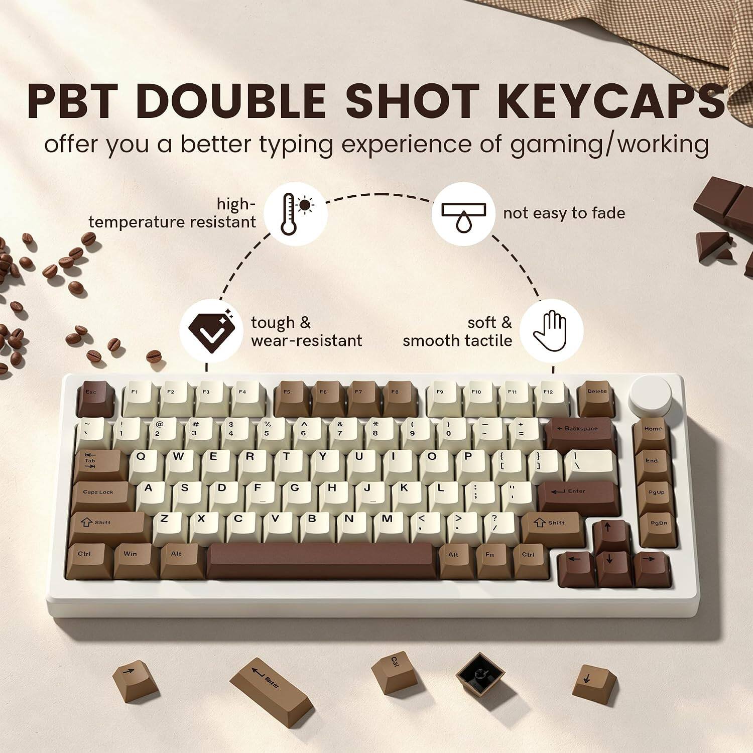 PBT DOUBLE SHOT KEYCAPS offer you a better typing experience of gaming/working. They are high-temperature resistant, not easy to fade, tough & wear-resistant, and have a soft & smooth tactile feel.