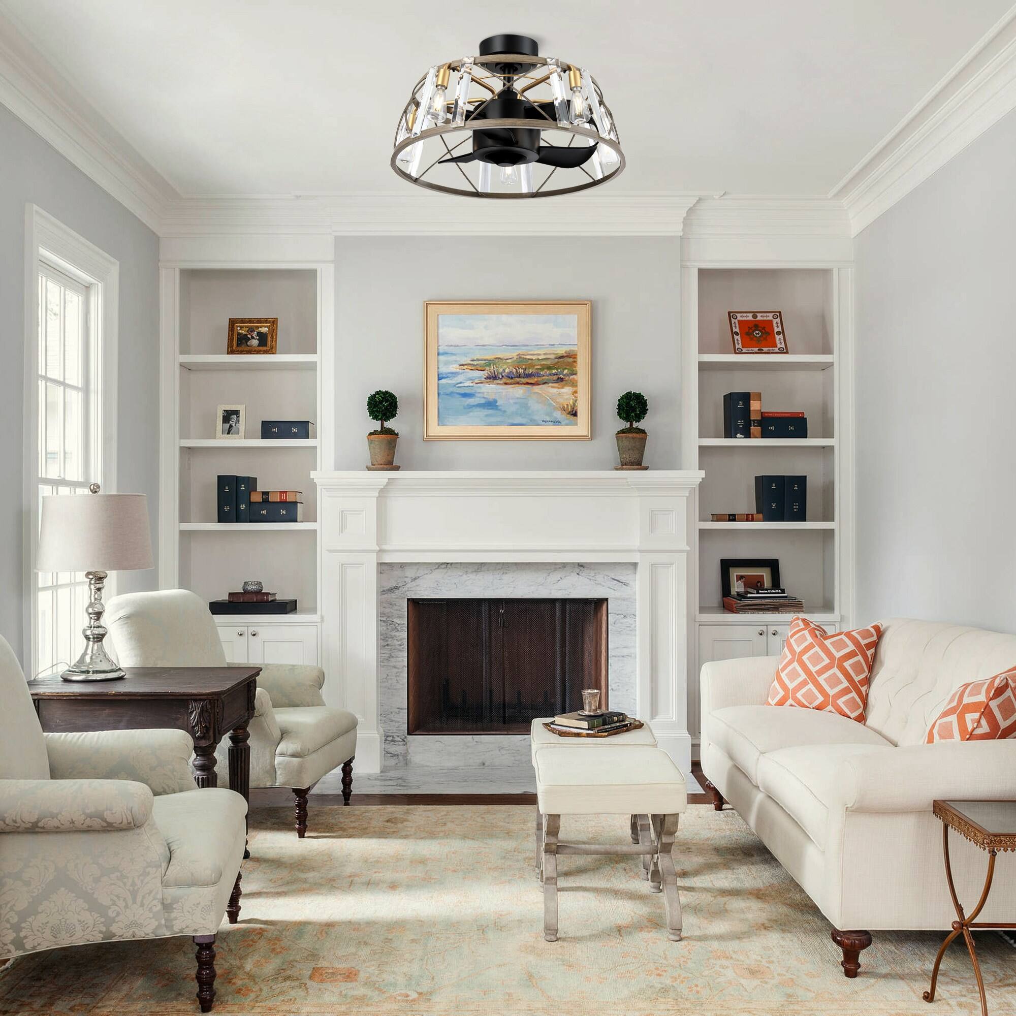 Left. Parrot Uncle - 25" Modern Matte Black Crystal Cage Chandelier Ceiling Fan with Remote - Black.