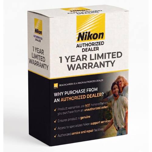 Nikon DEALER  
Nikon AUTHORIZED DEALER  
1 YEAR LIMITED WARRANTY  
BEACHCAMERA IS A NIKON AUTHORIZED DEALER  

WHY PURCHASE FROM AN AUTHORIZED DEALER?  
- Product warranties are NOT honored when you purchase from an unauthorized seller!  
- Ensures product is genuine  
- Access to specialized Nikon support services  
- Authorized service and repair facilities