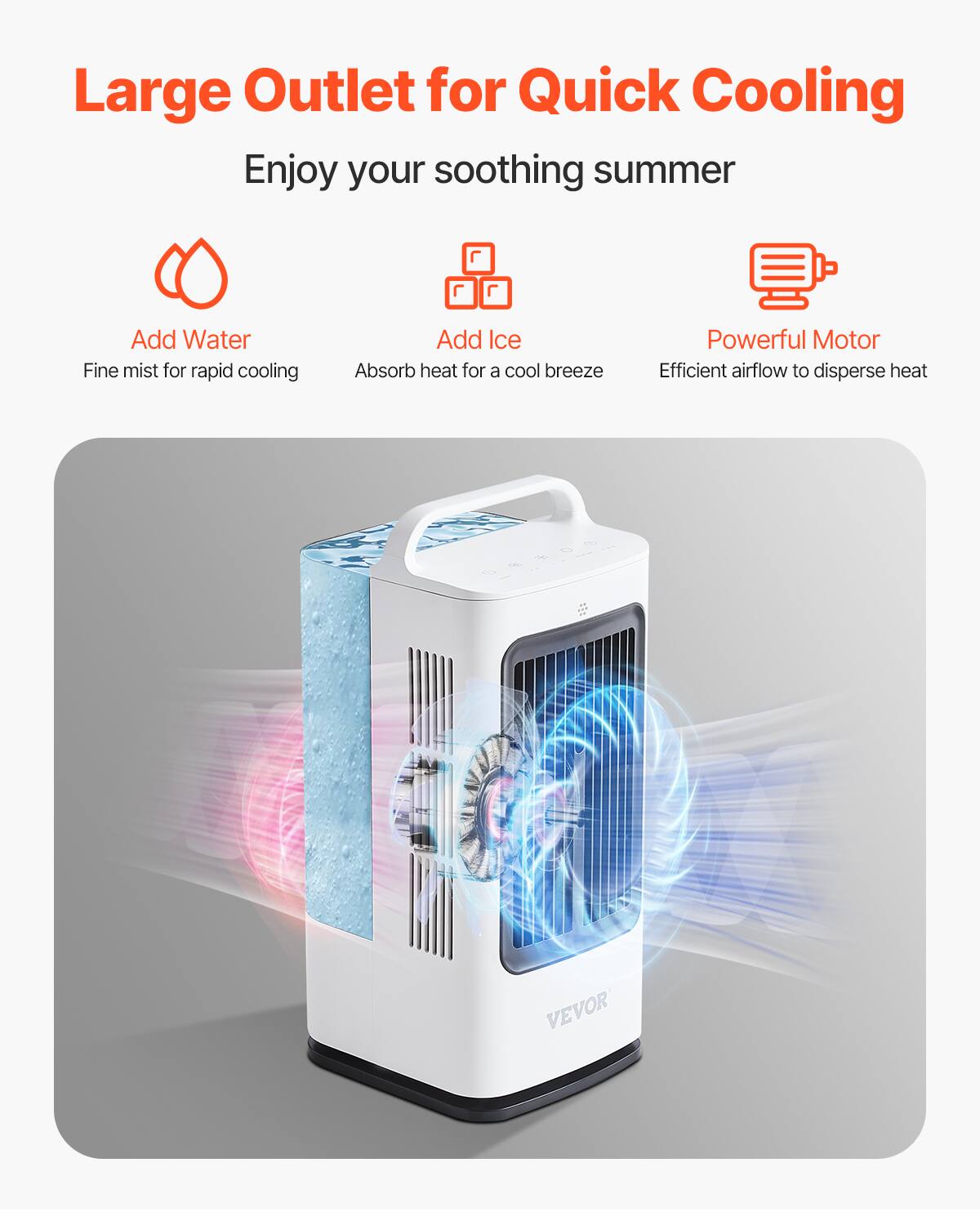 Large Outlet for Quick Cooling

Enjoy your soothing summer

Add Water  
Fine mist for rapid cooling

Add Ice  
Absorb heat for a cool breeze

Powerful Motor  
Efficient airflow to disperse heat

VEVOR