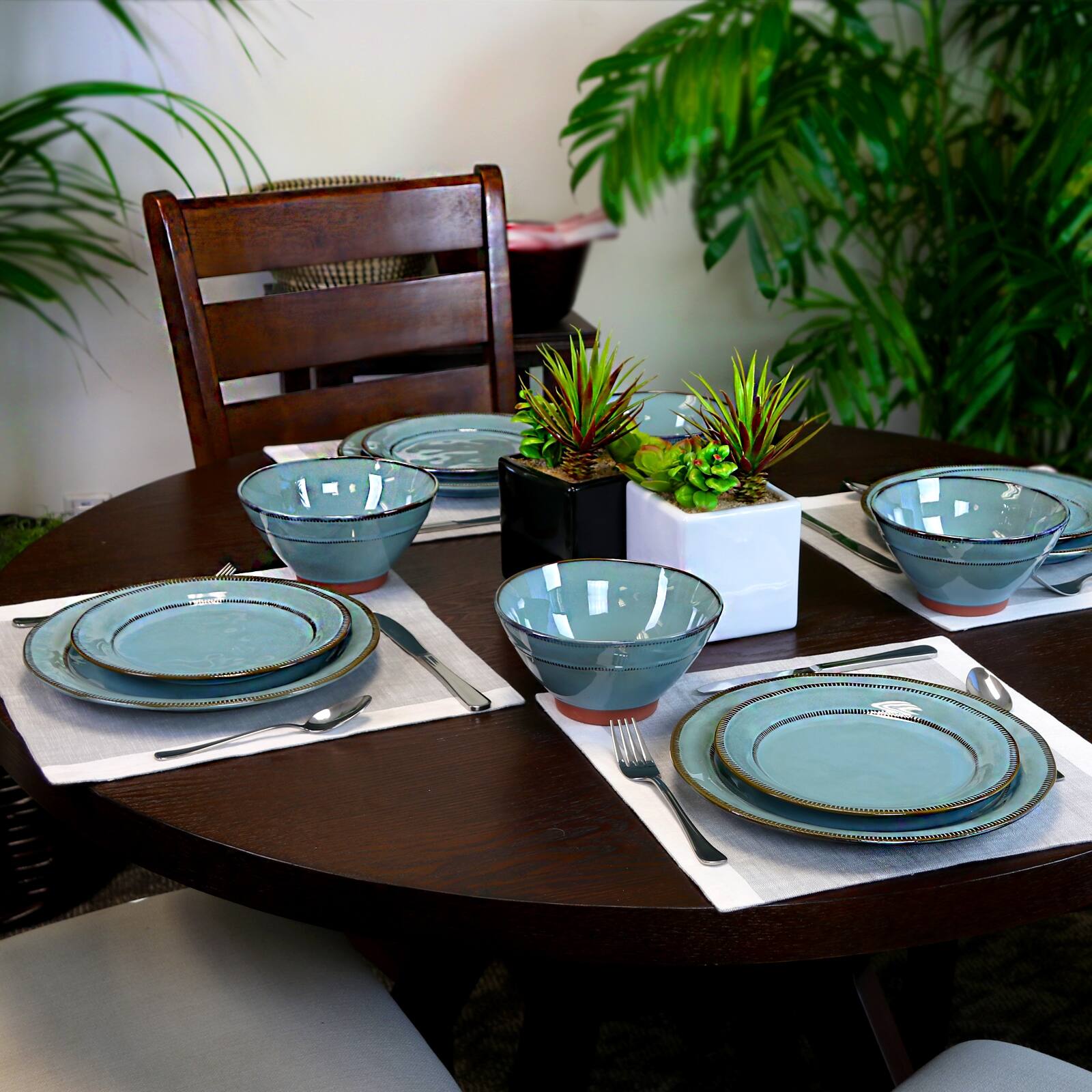 Alt View 4. Gibson - Gibson Elite Terranea 12 Piece Round Terracotta Dinnerware Set in Teal - Blue.