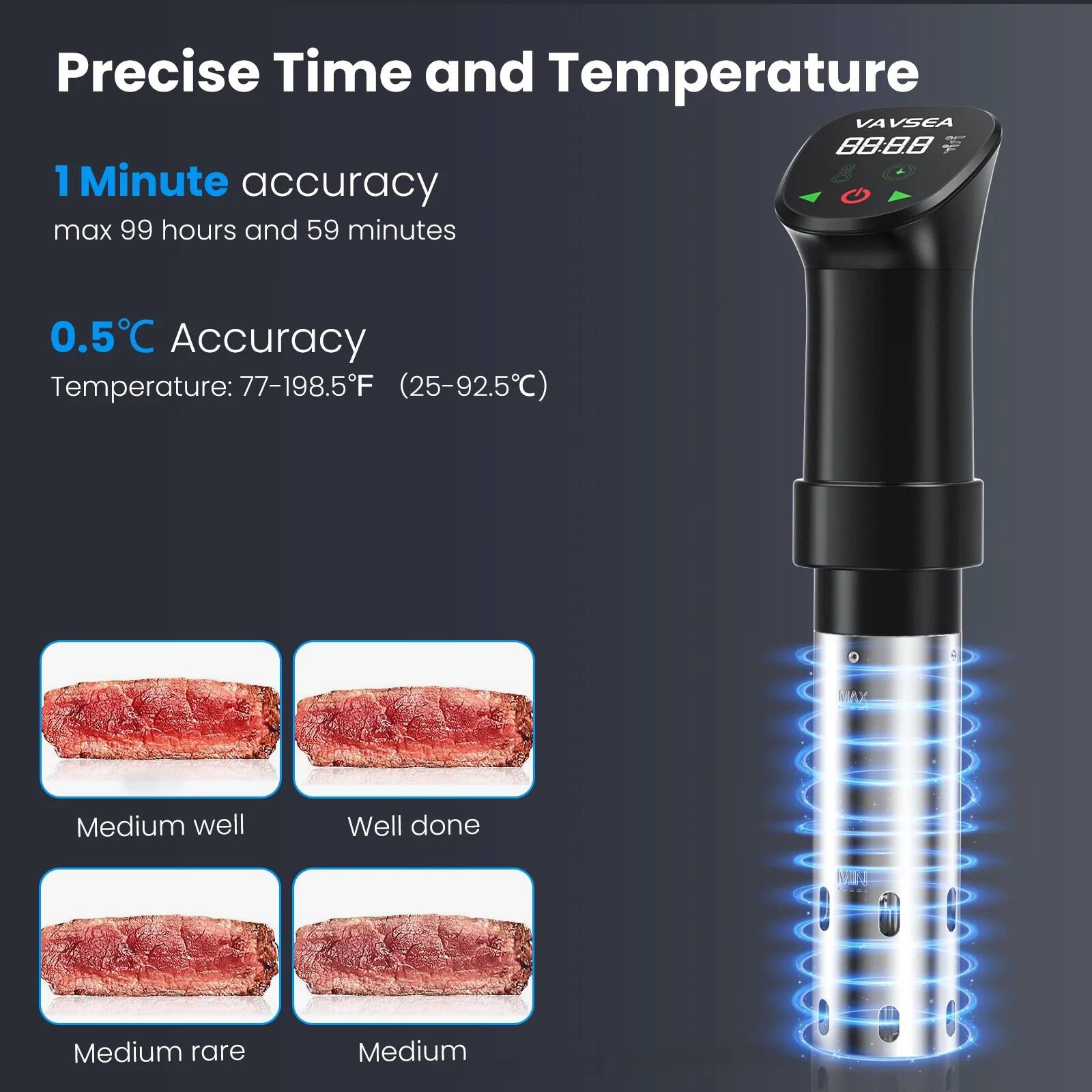 Precise Time and Temperature

1 Minute accuracy  
max 99 hours and 59 minutes

0.5°C Accuracy  
Temperature: 77-198.5°F (25-92.5°C)

Medium well  
Well done  
Medium rare  
Medium