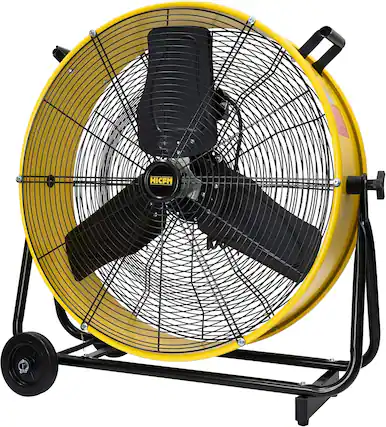 Front. Akoasm - 24" Enclosed Motor Drum Fan with Wheels 9200 CFM, TEAO Sealed 1/3 HP, 2-Speed High Velocity Safety Yellow Industrial Fan.