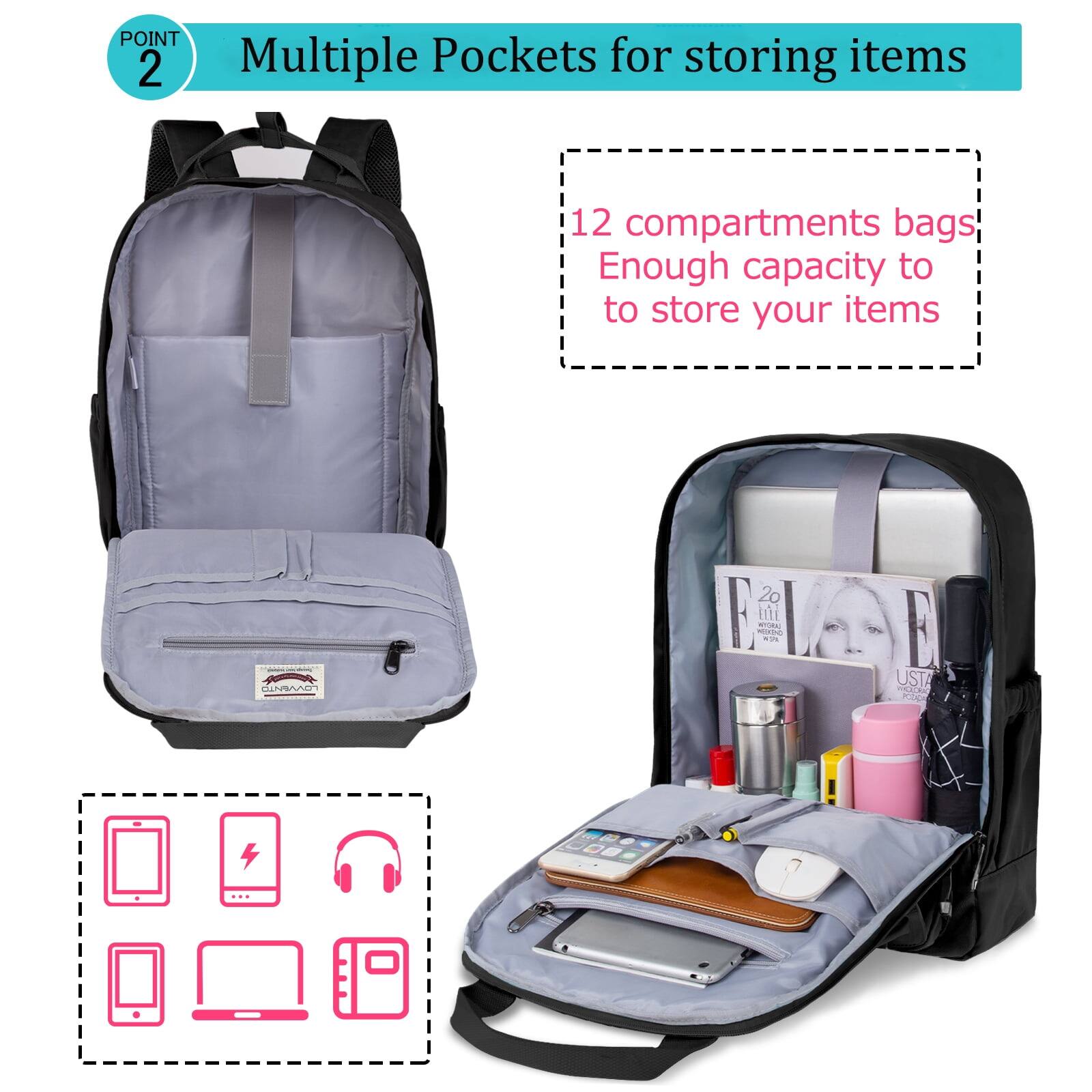 POINT 2  
Multiple Pockets for storing items  

12 compartments bags  
Enough capacity to store your items