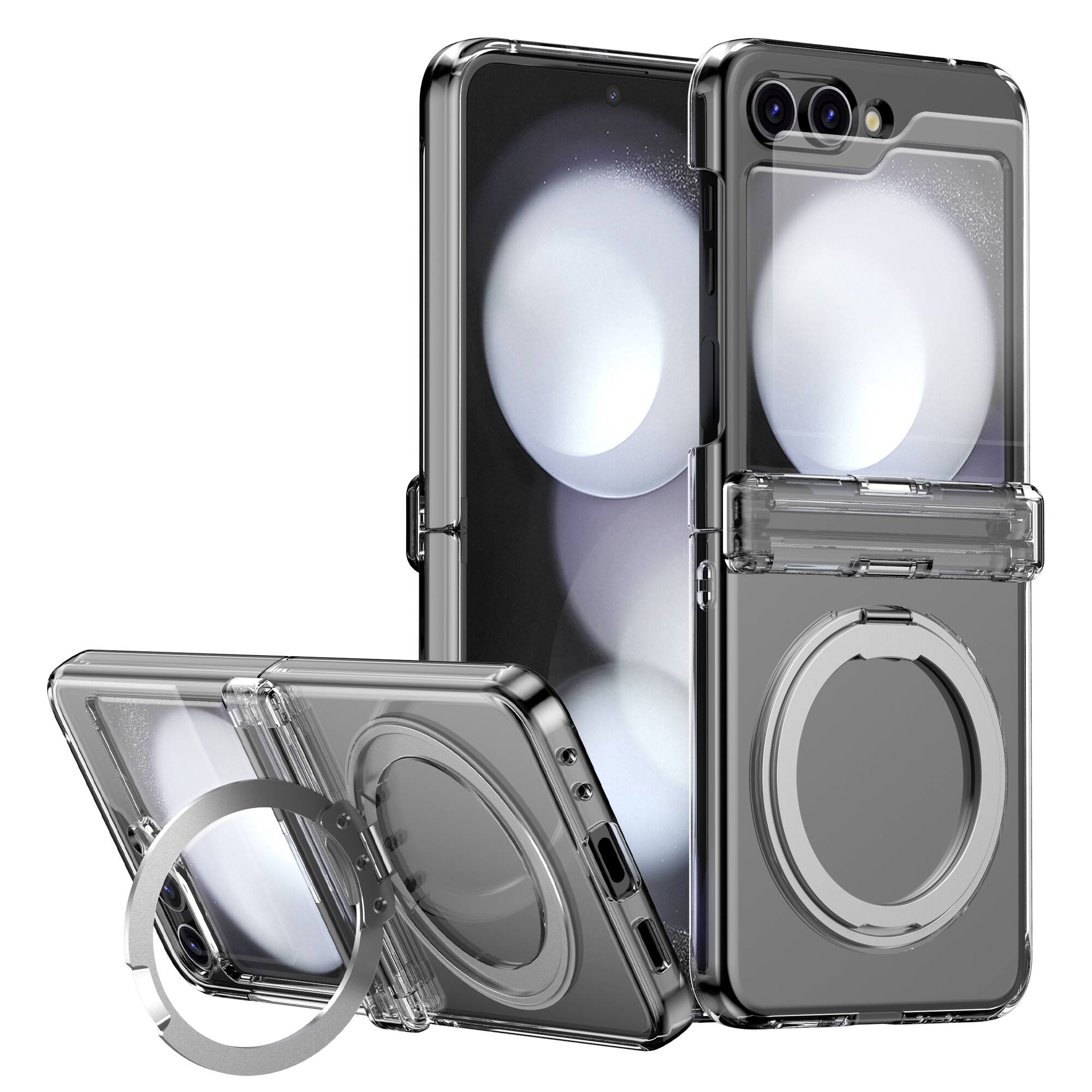 Front. Dteck - Magnetic Case for Samsung Galaxy Z Flip 6 with Screen Protector , 360° Rotating Kickstand Shockproof Hinge Cover - Clear.