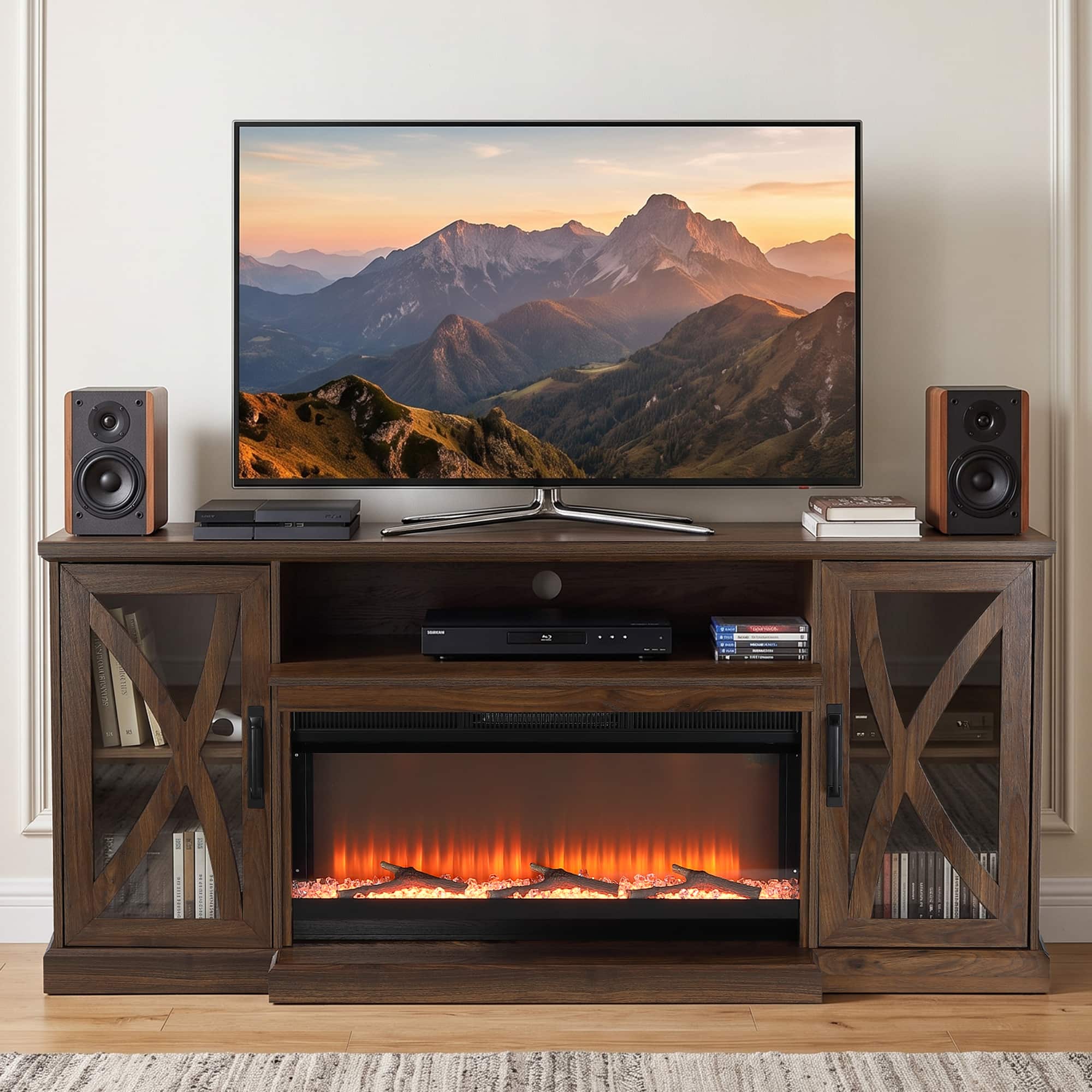 Ihomeadore - 70" Modern Electric Fireplace TV Stand Entertainment Center with 36" Electric Fireplace and Cabinets for TV up to 80" - Dark Walnut