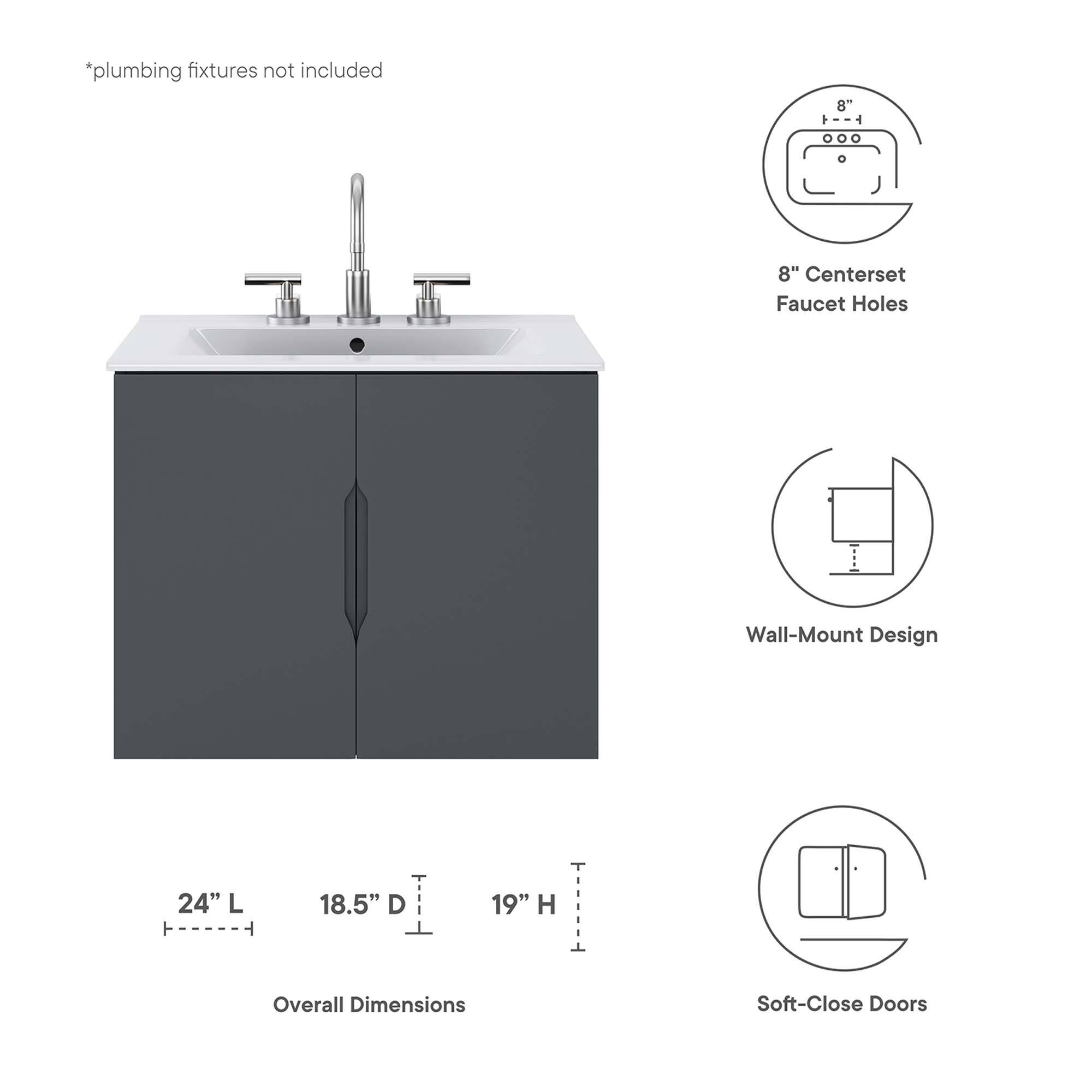 *plumbing fixtures not included

8" Centerset Faucet Holes

Wall-Mount Design

24" L x 18.5" D x 19" H Overall Dimensions

Soft-Close Doors